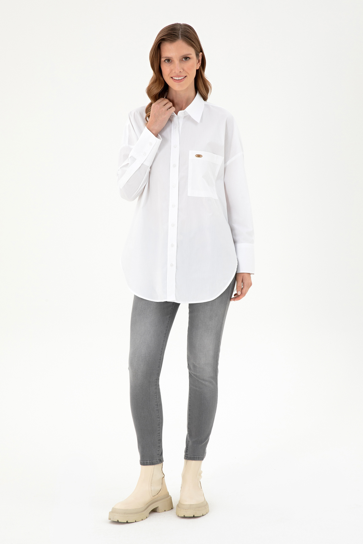 U.S. Polo Assn.  Kadın Beyaz Uzun Kollu Tunik Gömlek 50297115-VR013 - Görsel 4