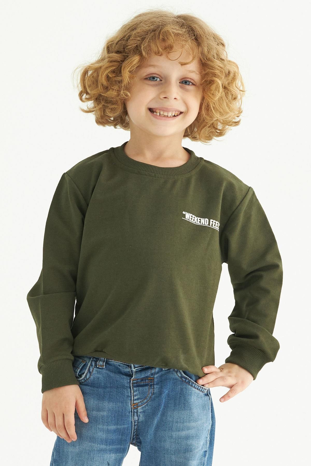 zepkids-Crew Neck Long Sleeve Weekend Feel Printed Khaki Color Boy's Sweatshirt 3