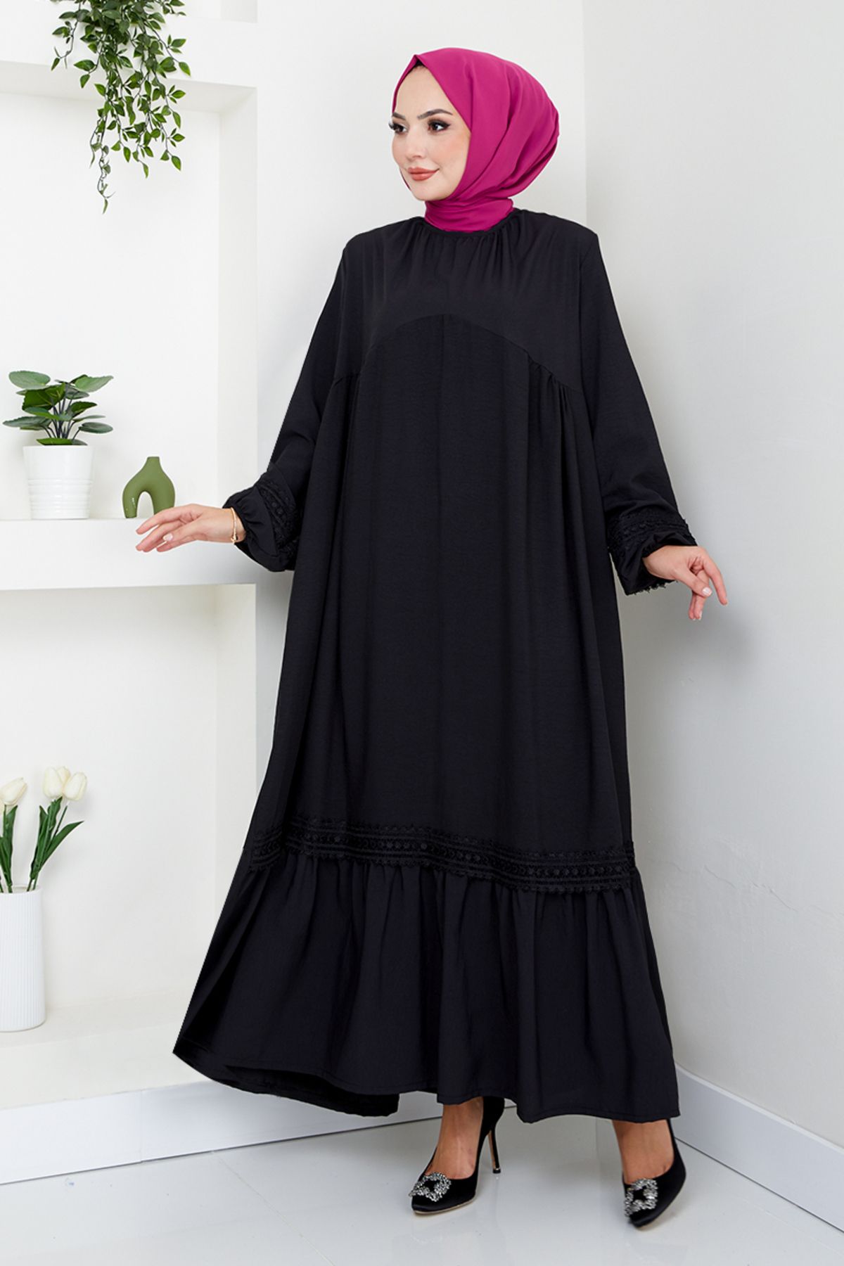 ModaMerve-Black Guipure Detailed Dress - 2458Hbs932-M 1