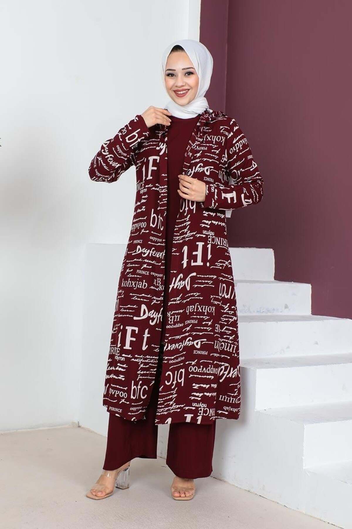 SGS-3 Piece Written Hijab Set - VİŞNE 2