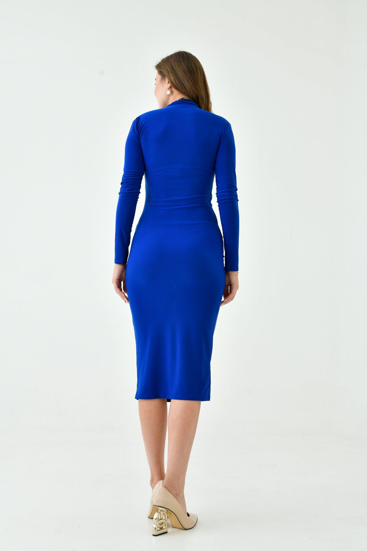 WOMAN VISION-Damen-Midikleid Saks Blue mit langen Ärmeln, dehnbarem Sandy-Stoff, Stehkragen, Kordelzug-Design, 10941 3