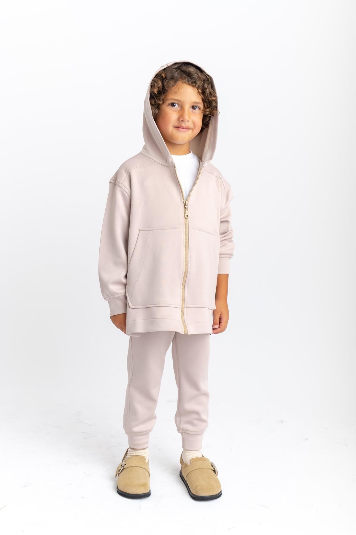 Cigit-2-7 Years Beige Color Zippered Kangaroo Set 2