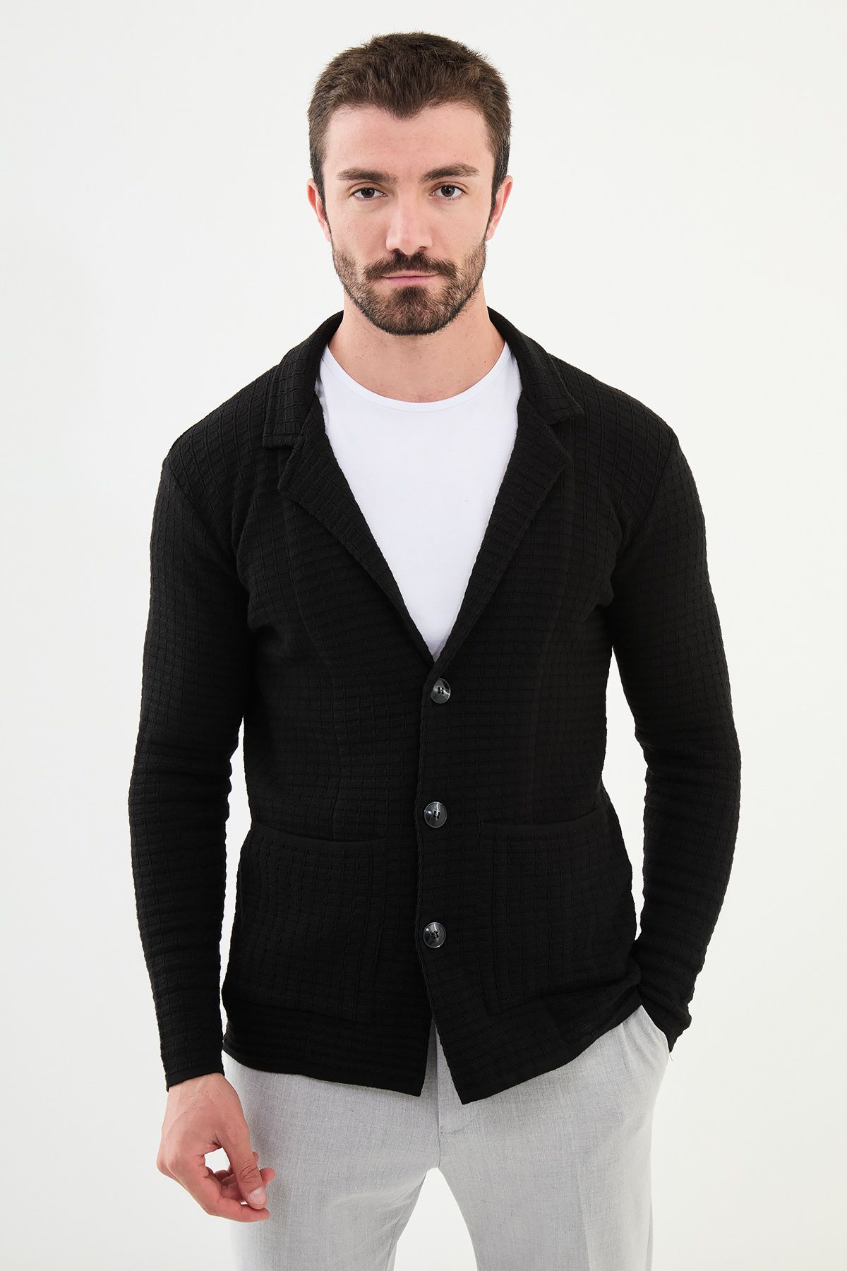 Mcr-Patterned Black Slim Fit Men's Knitwear Jacket 1