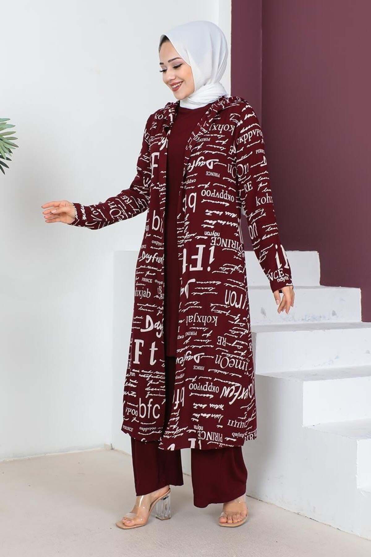 SGS-3 Piece Written Hijab Set - VİŞNE 1