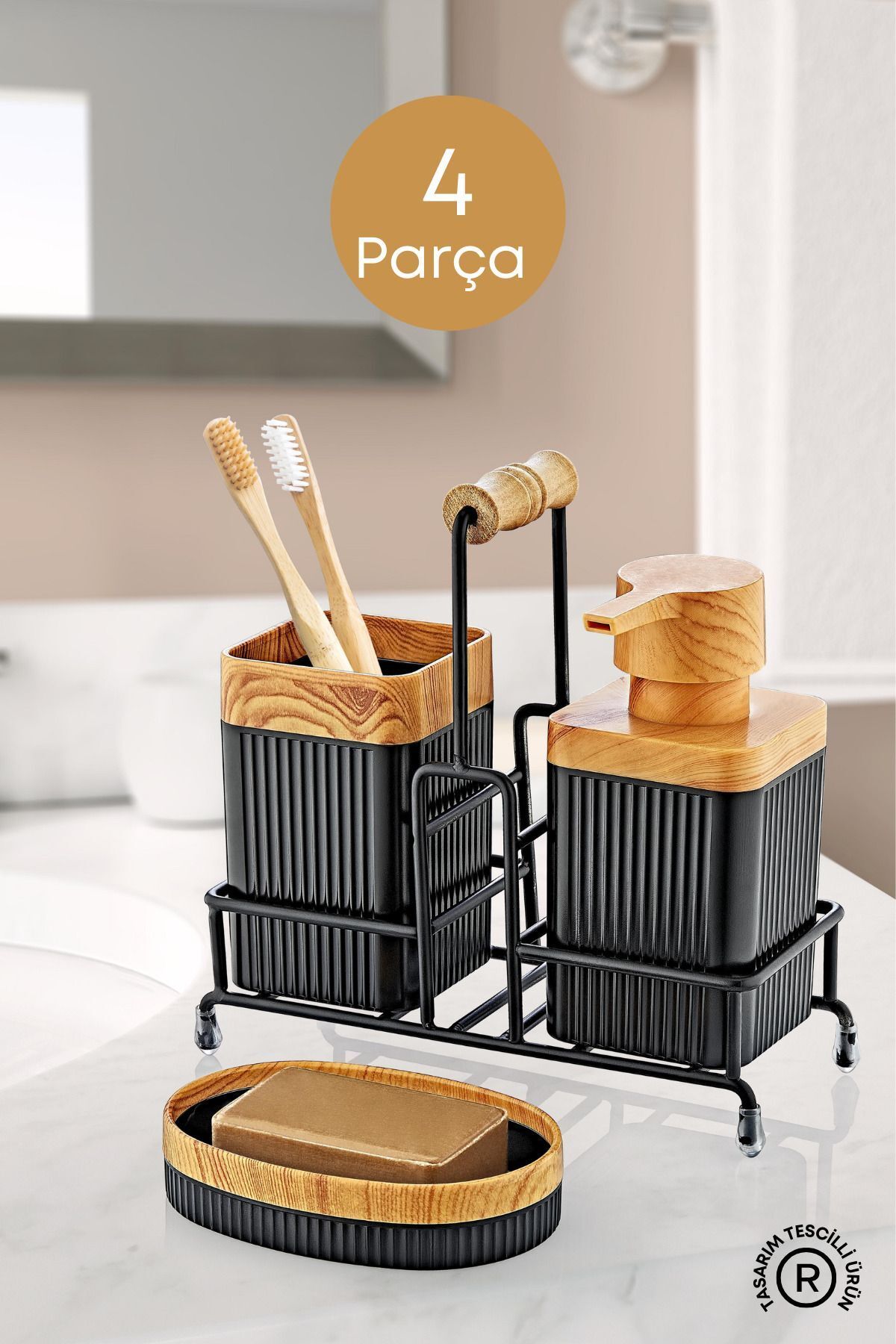 GRİMOR Life-Bathroom Set with Metal Stand and Wooden Detail - Liquid Soap Dispenser Solid Soap Dispenser Toothbrush Holder 1