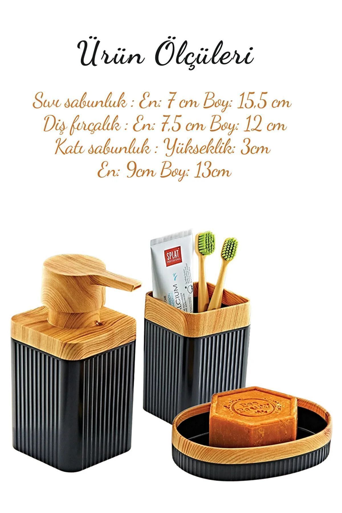 GRİMOR Life-Bathroom Set with Metal Stand and Wooden Detail - Liquid Soap Dispenser Solid Soap Dispenser Toothbrush Holder 4