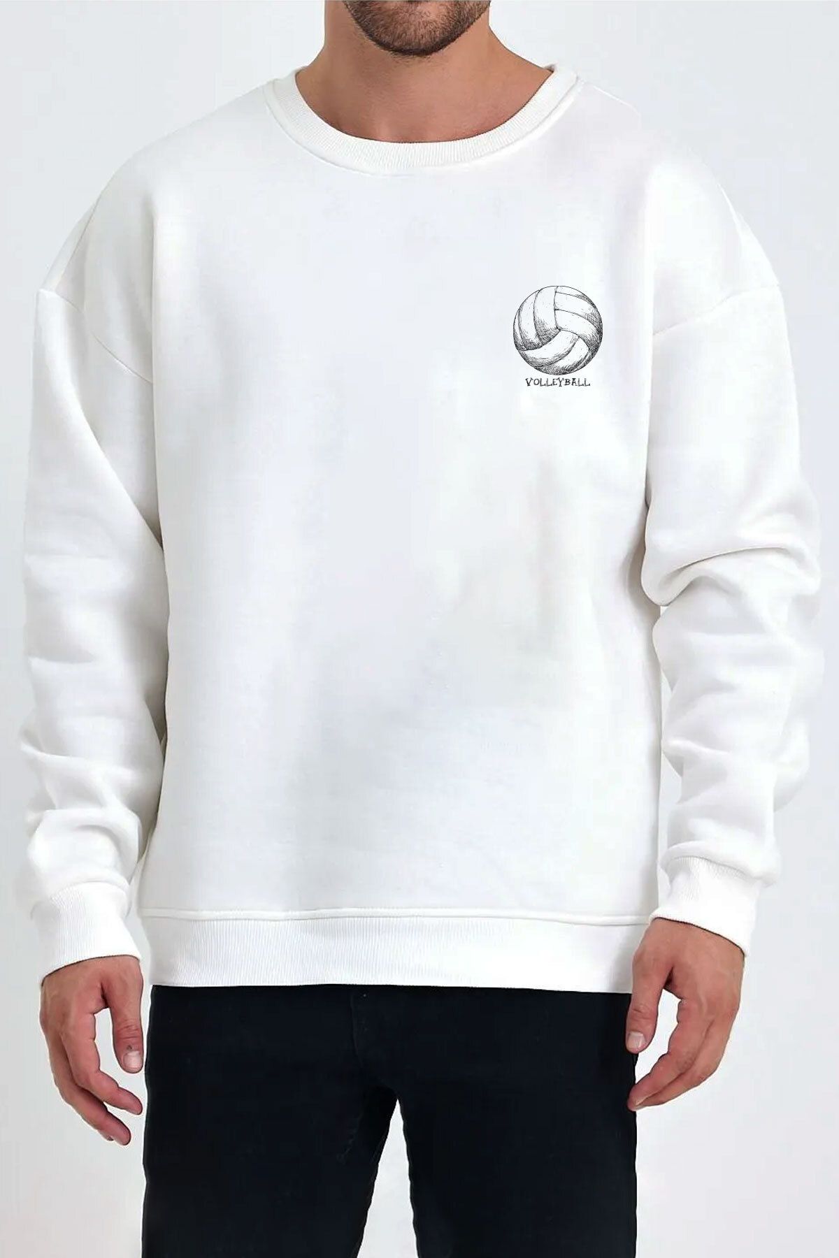 CU Collection Voleybol Topu Baskılı Beyaz Unisex Pamuklu Sweatshirt CU309