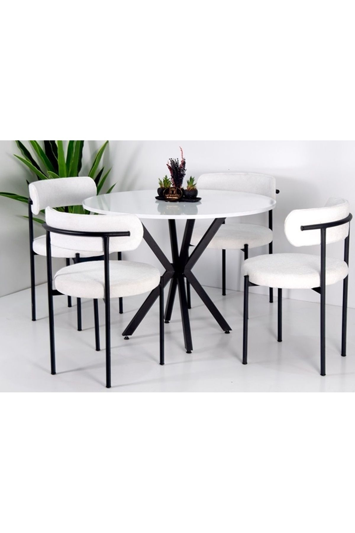 4 Sandalye 1 Adet 90 Cm Çap Masa Teddy Pufuduk Kumaş Salon Mutfak Balkon