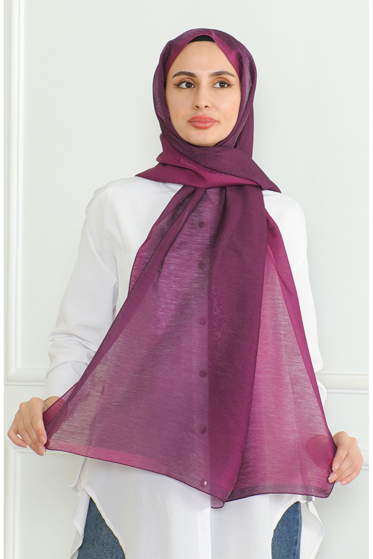 sefamerve-81059-01 Model Dark Fuchsia Karaca Gradient Twinkle Shawl 3