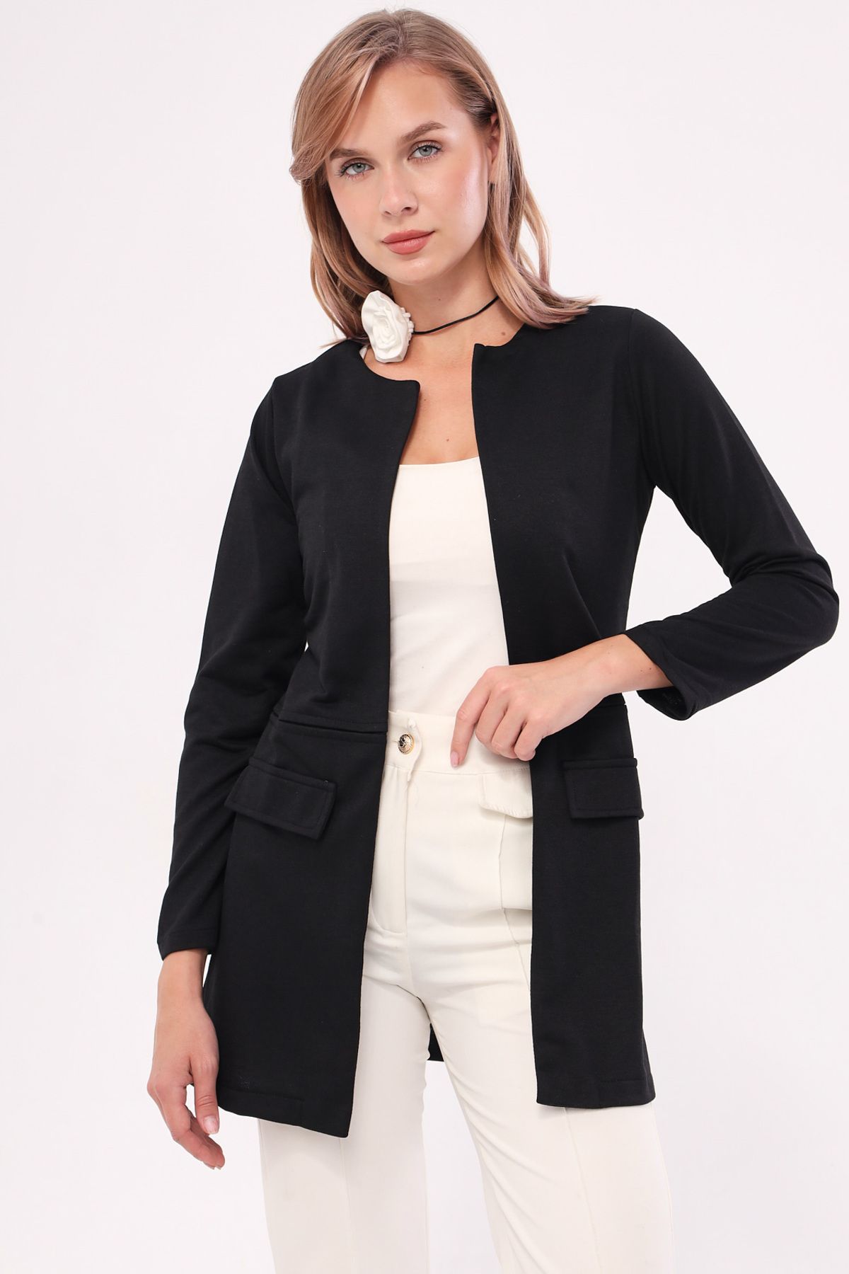 armonika-Women's Black Long Jacket with Stitched Waist ARM-20K001021 3