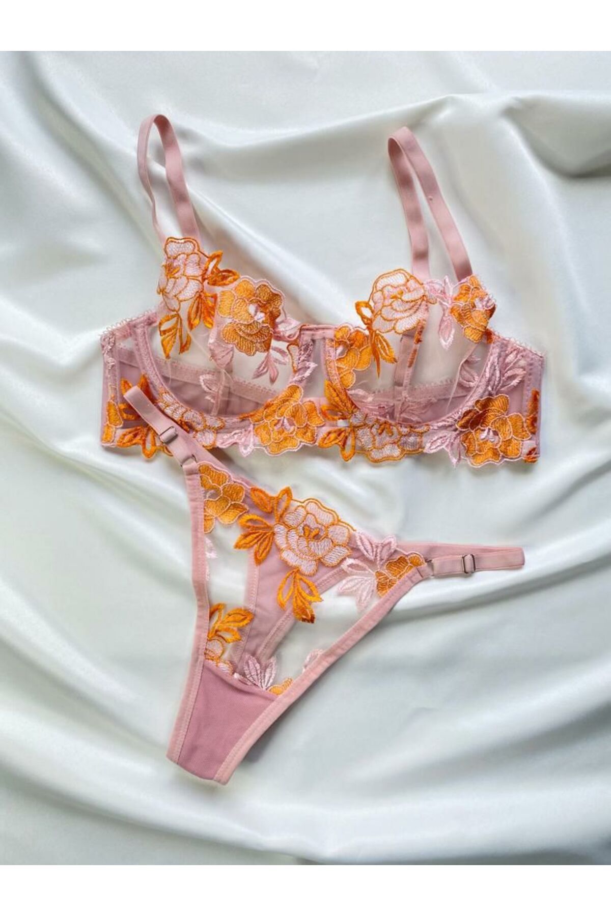 ARONA-Orange Floral Lace Underwire Bra Set 1