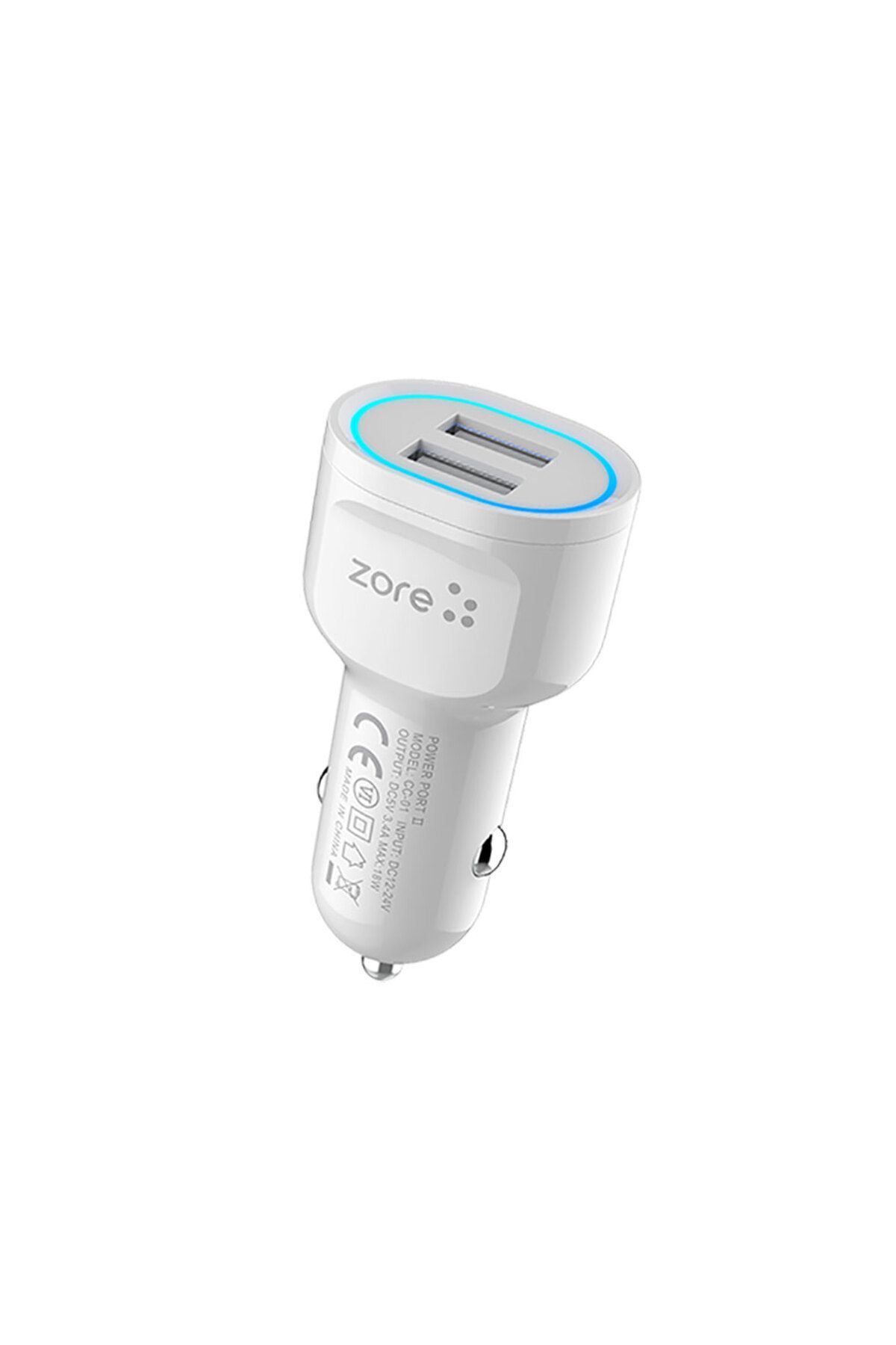 zore Beyaz CC-01 Hızlı Şarj Özellikli LED Işıklı Dual USB Araç Şarj Başlığı 18W Zore