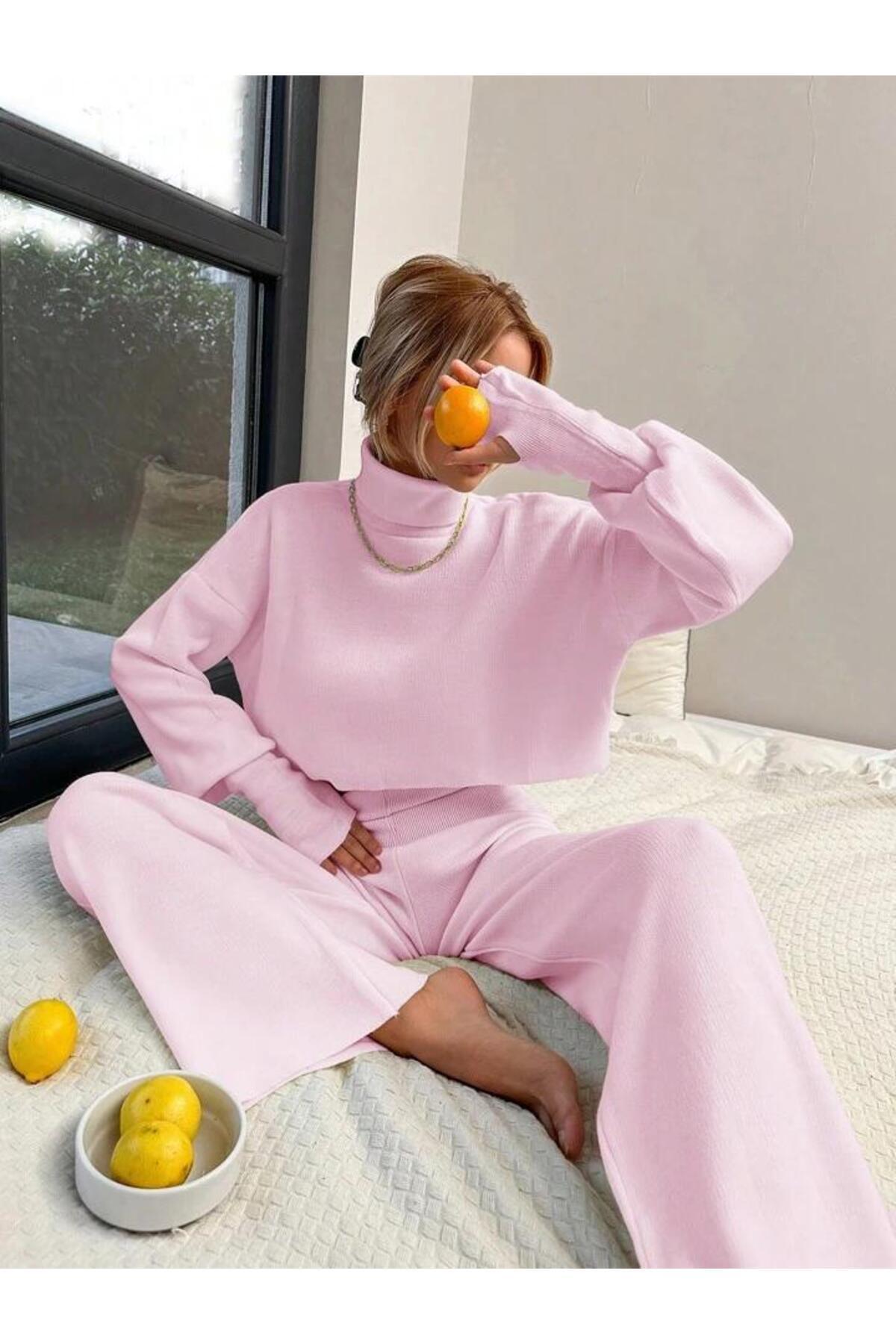 De Pose Pink Finger Snap Crop magas derekú kötöttáru szett