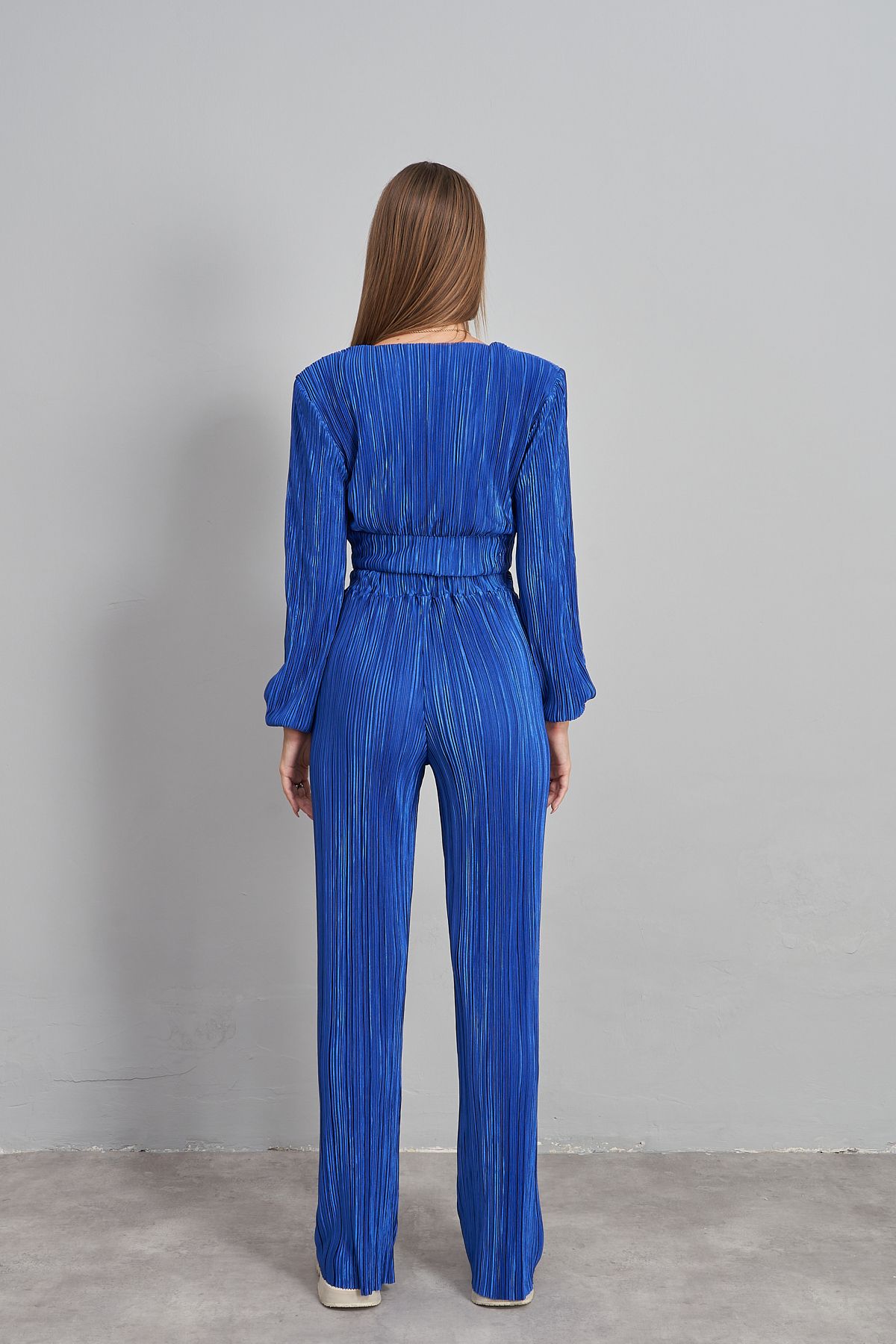 Rabia Çelik-Women's Navy Blue Pleated Blouse Trousers Bottom Top Set 4
