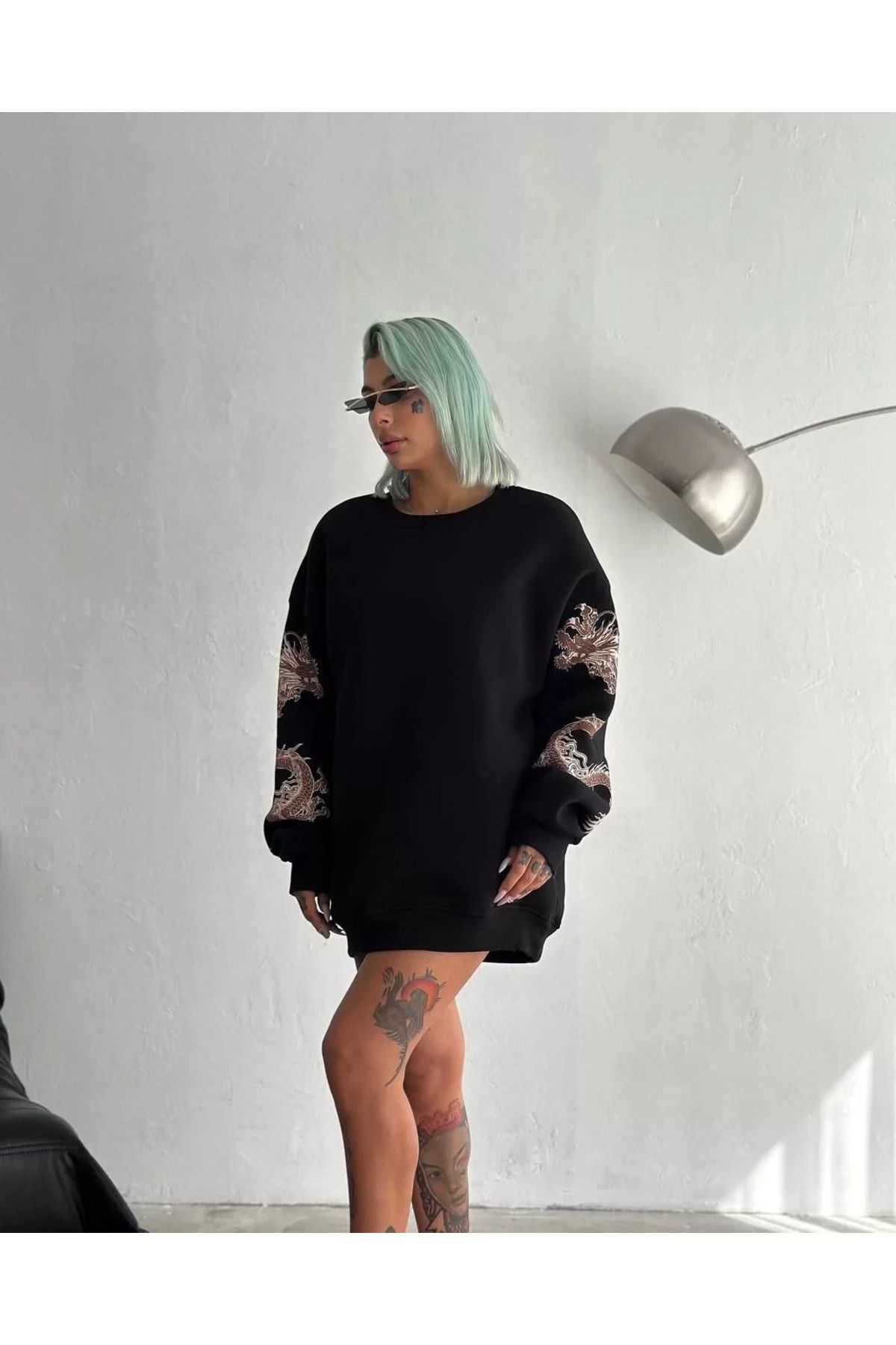 SA Alişveriş Dünyam Kadın Bisiklet Yaka Baskılı SweatShirt - Siyah