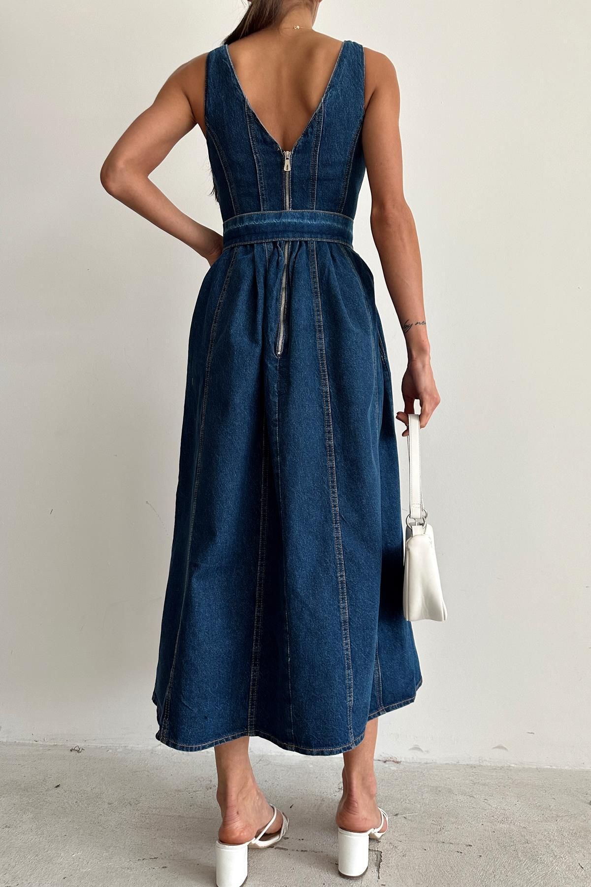 mylove-Navy Blue Denim Belted Dress 4