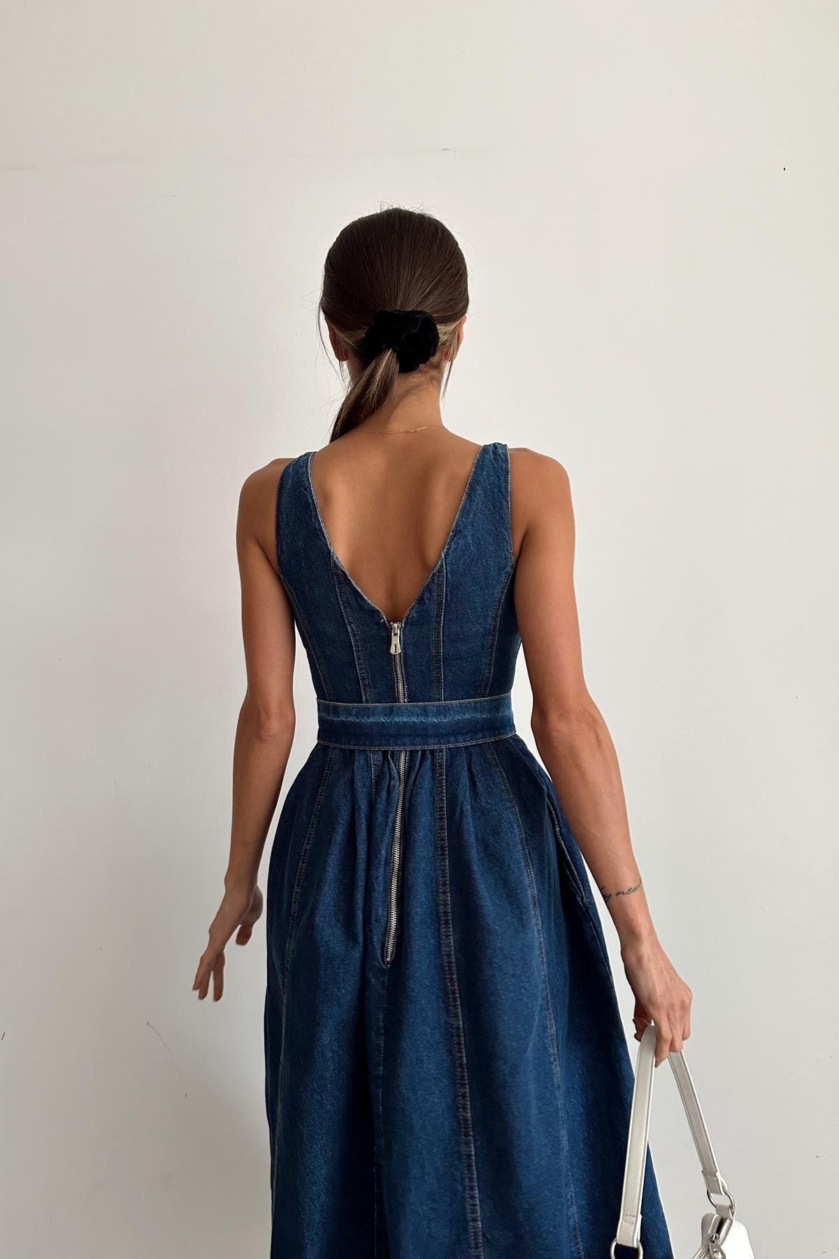 mylove-Navy Blue Denim Belted Dress 3