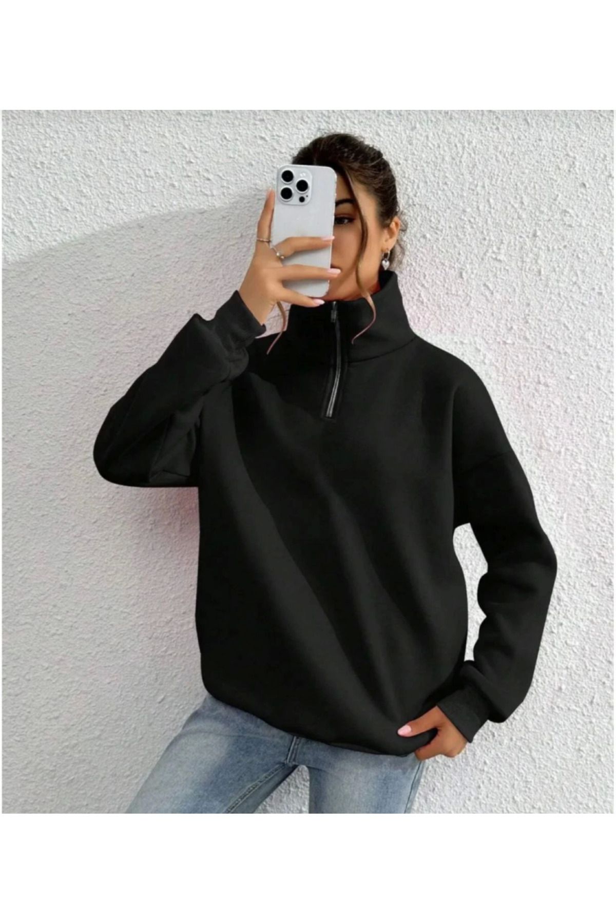 ATOM84 Unisex Uzun Kol Yarım Farmuarlı Yakalı Basic SweatShirt - Siyah