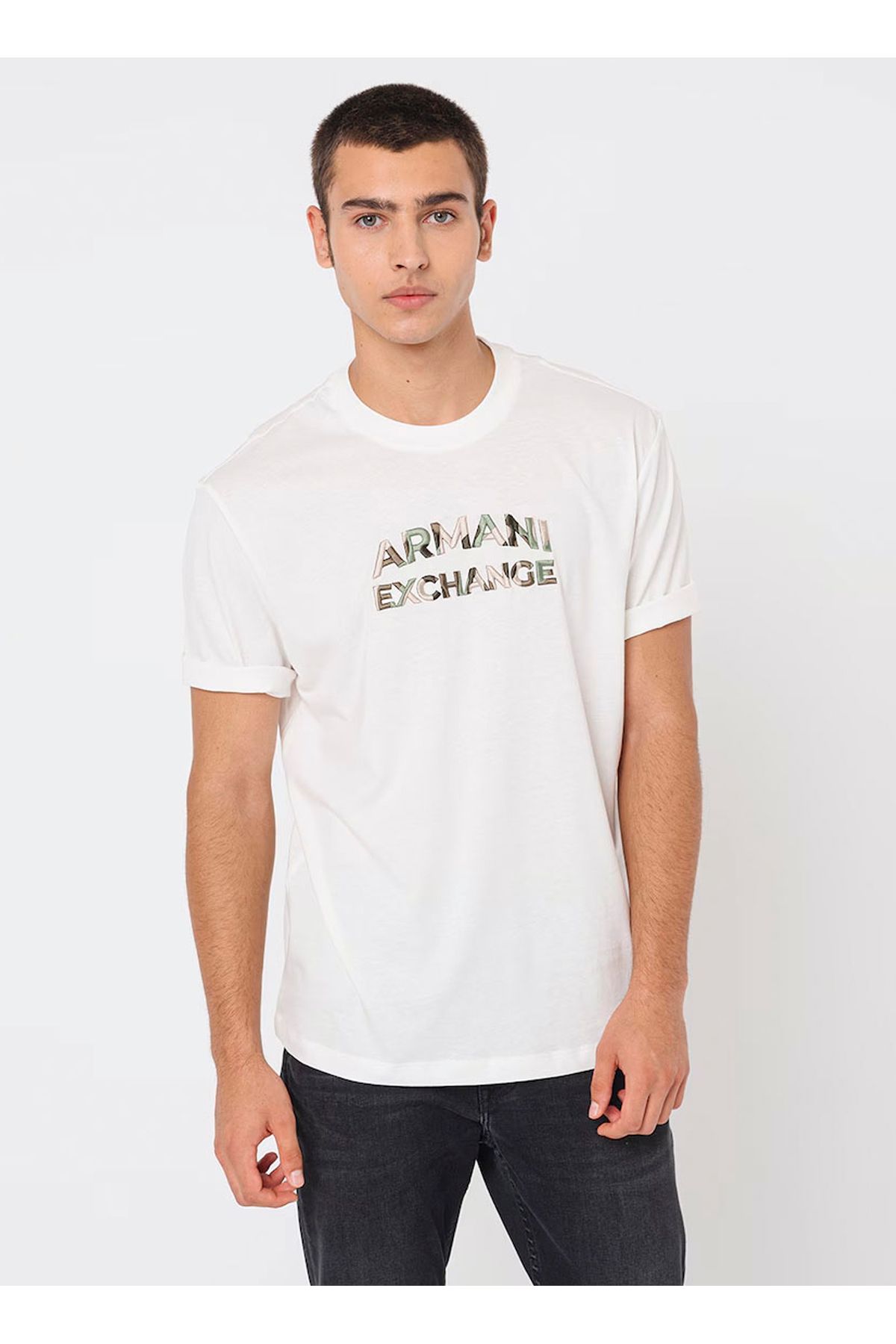 Armani Exchange Bisiklet Yaka Baskılı Ekru Erkek T-Shirt