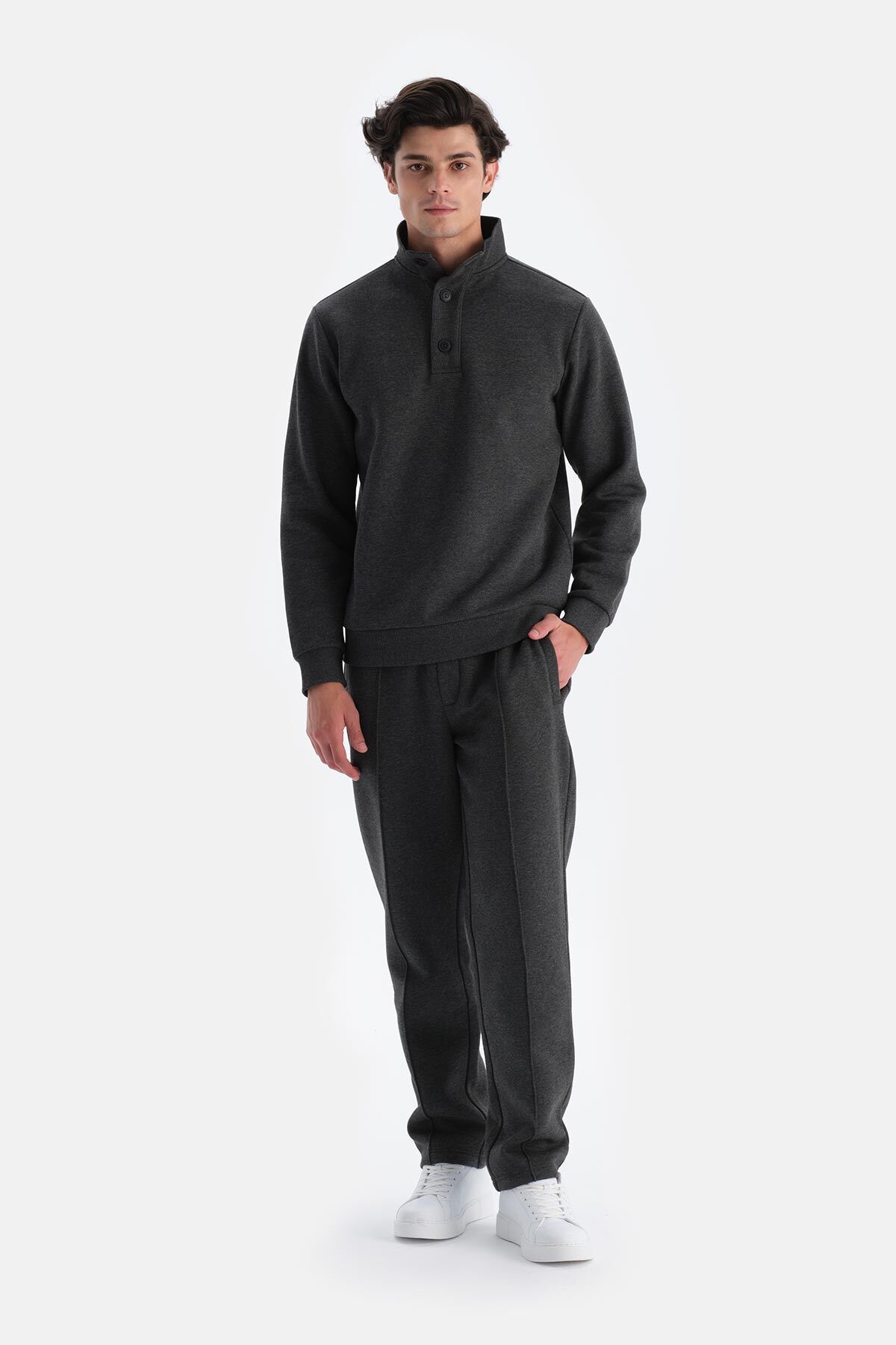 Dagi-Anthracite Melange Men's Ribbed Detailed Raised Sweatpants 4