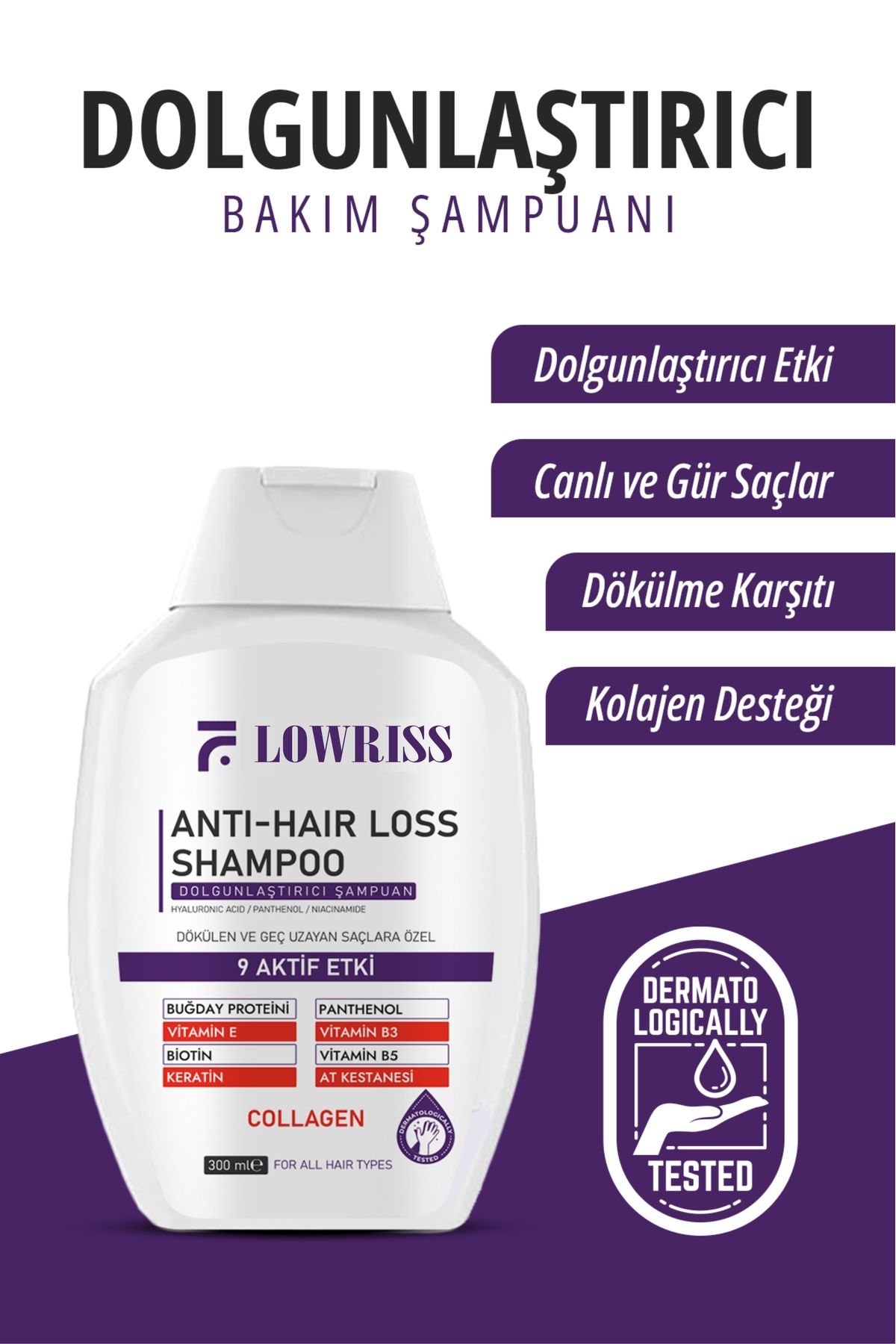 LOWRISS Kolajen Ve Keratin Saç Dökülmesine Karşı Hızlı Sac Uzatan Dolgunlaştırıcı Onarıcı Besleyici Şampuan