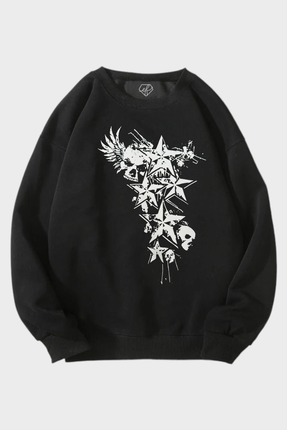 EFBUTİK-Black 3 Thread Raised Skull Star Sweatshirt 1