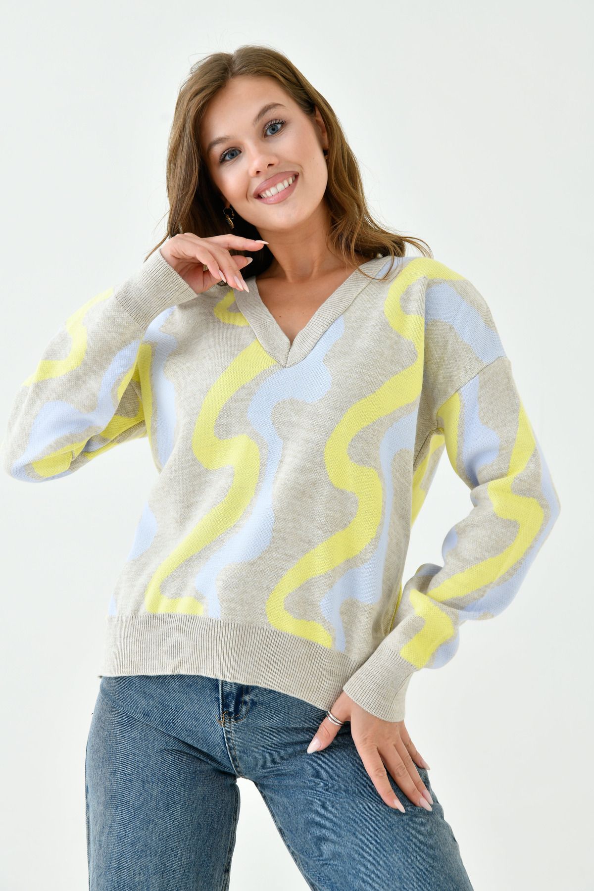 WOMAN VISION-Smoked Geometric Patterned Crew Neck Women's Knitwear Sweater - 0128 5