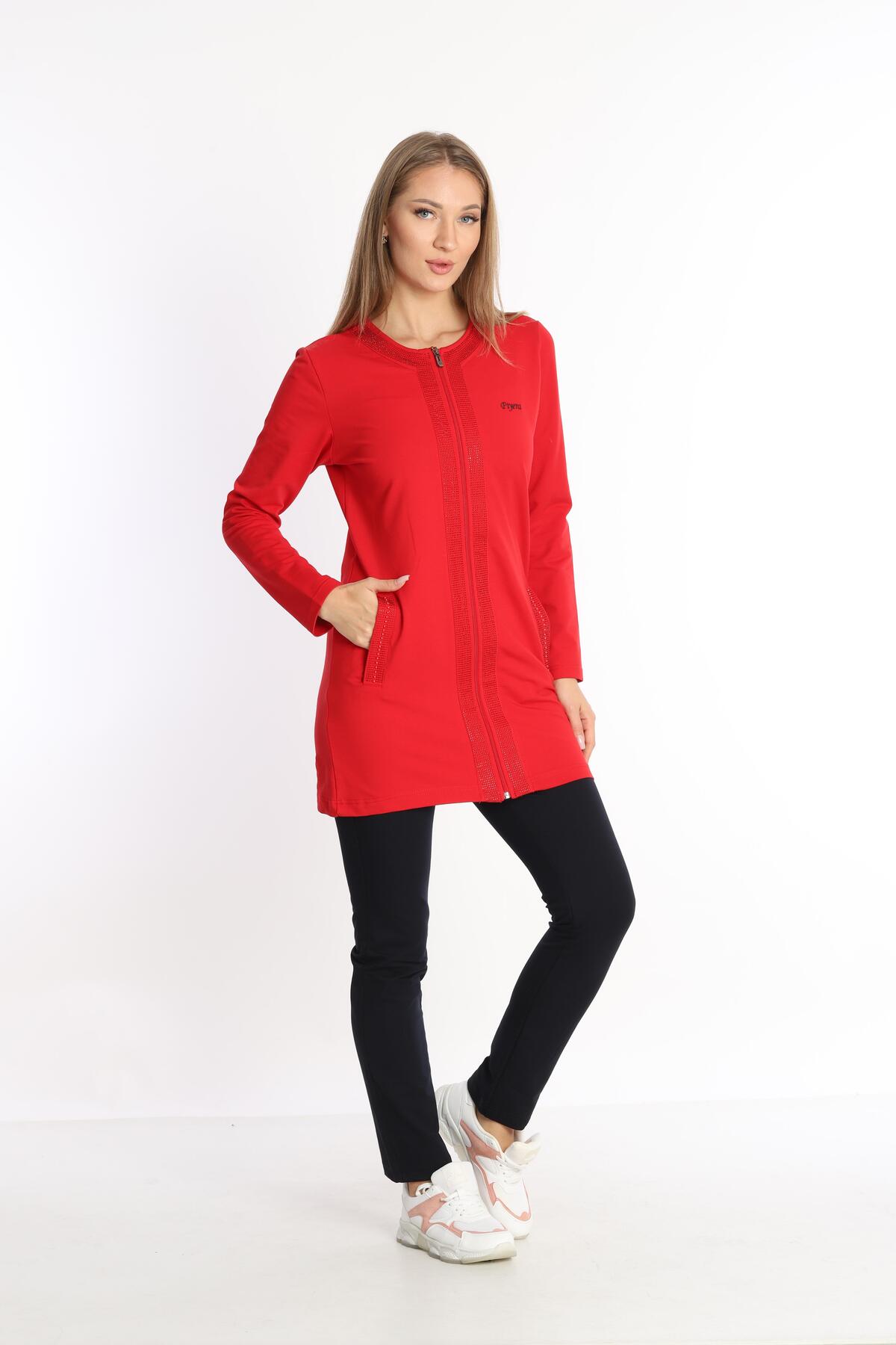 Women's Red Two Thread Fabric Crew Neck Gemstone Beaded Zippered Tunic Set with Pockets - 7461
