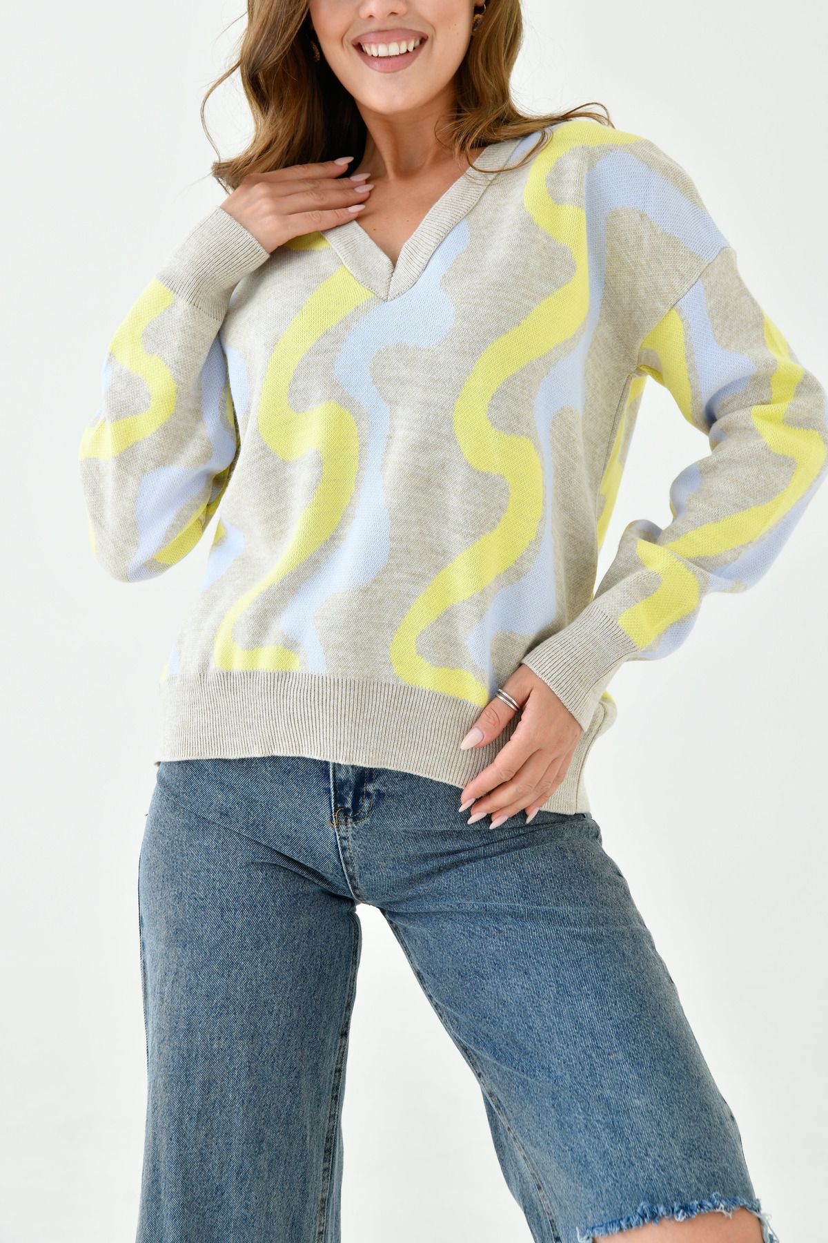 WOMAN VISION-Smoked Geometric Patterned Crew Neck Women's Knitwear Sweater - 0128 2