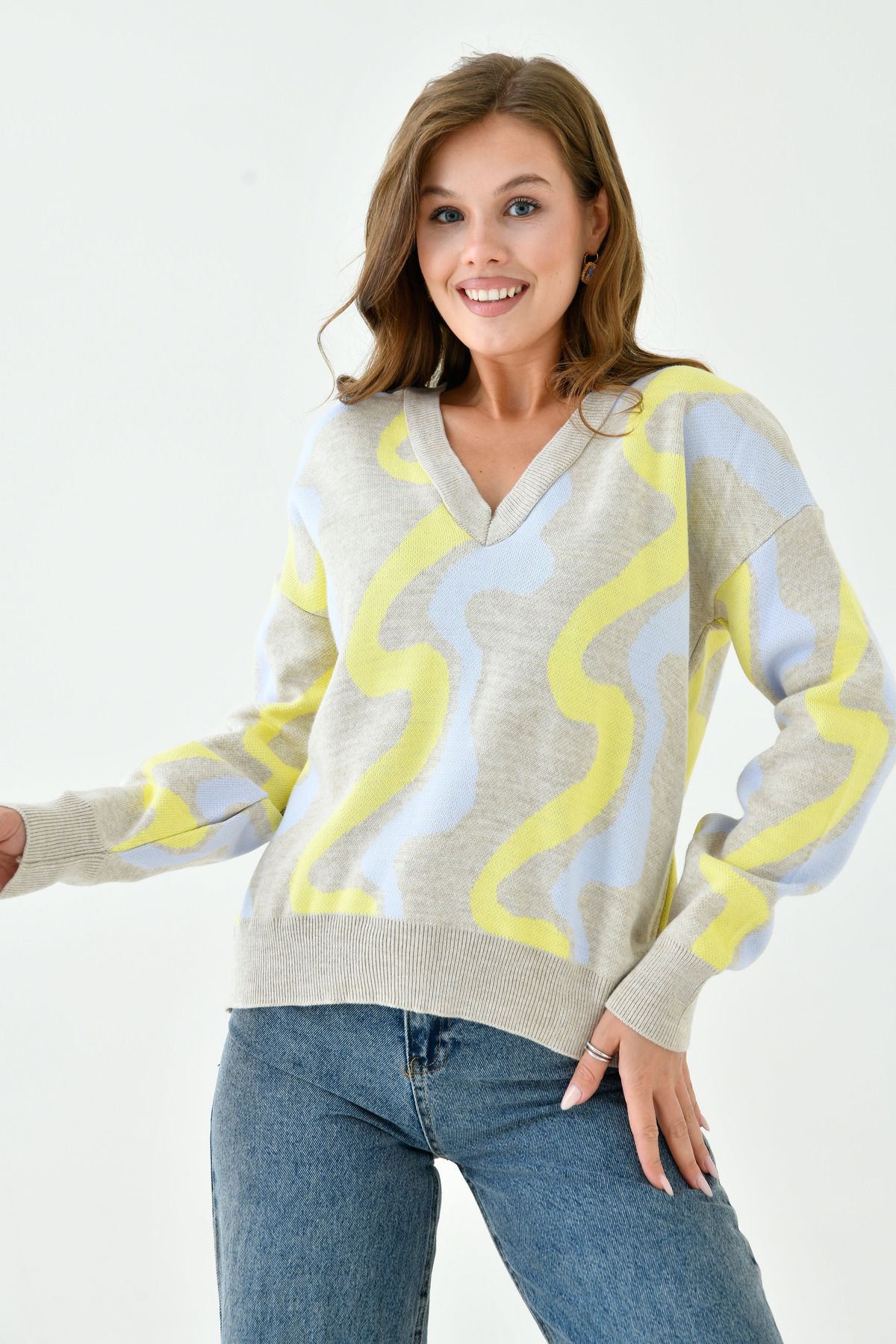 WOMAN VISION-Smoked Geometric Patterned Crew Neck Women's Knitwear Sweater - 0128 8