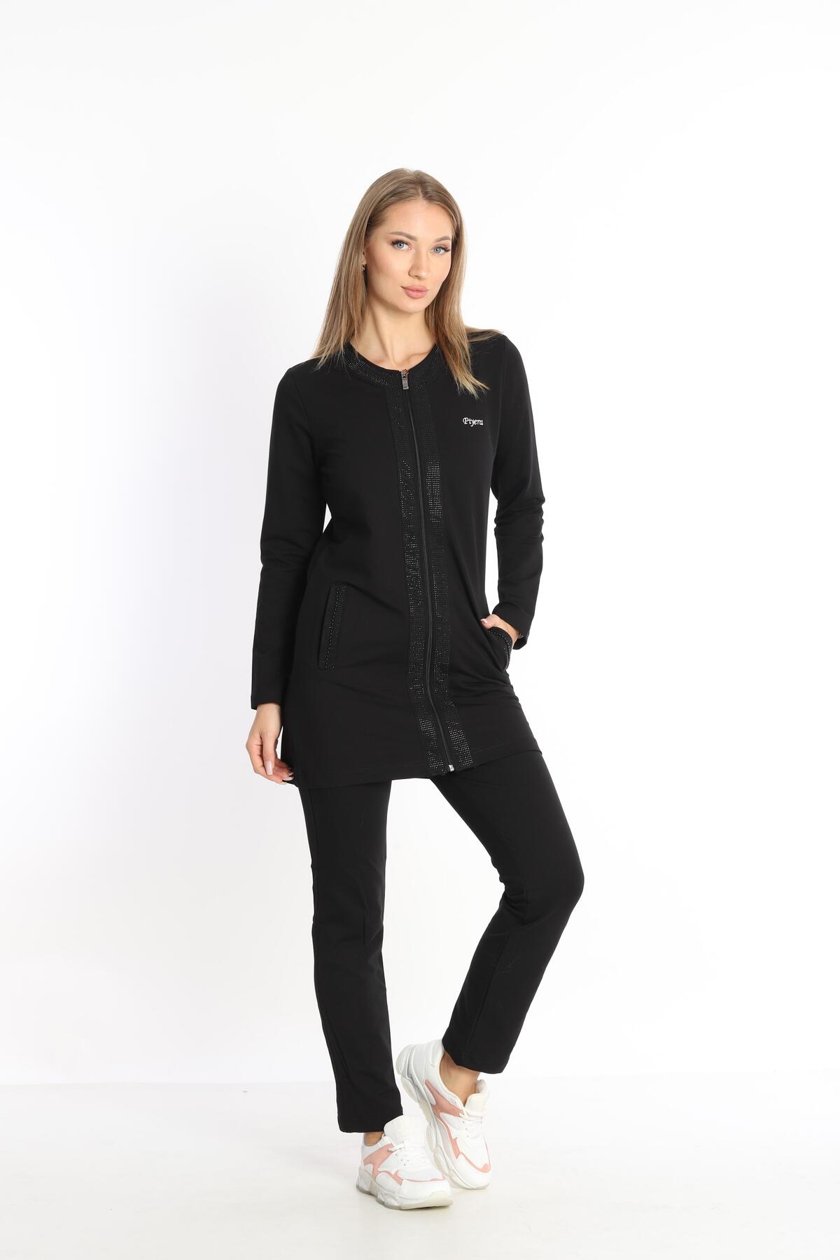 Women's Black Two Thread Fabric Crew Neck Gemstone Beaded Zippered Tunic Set with Pockets - 7461