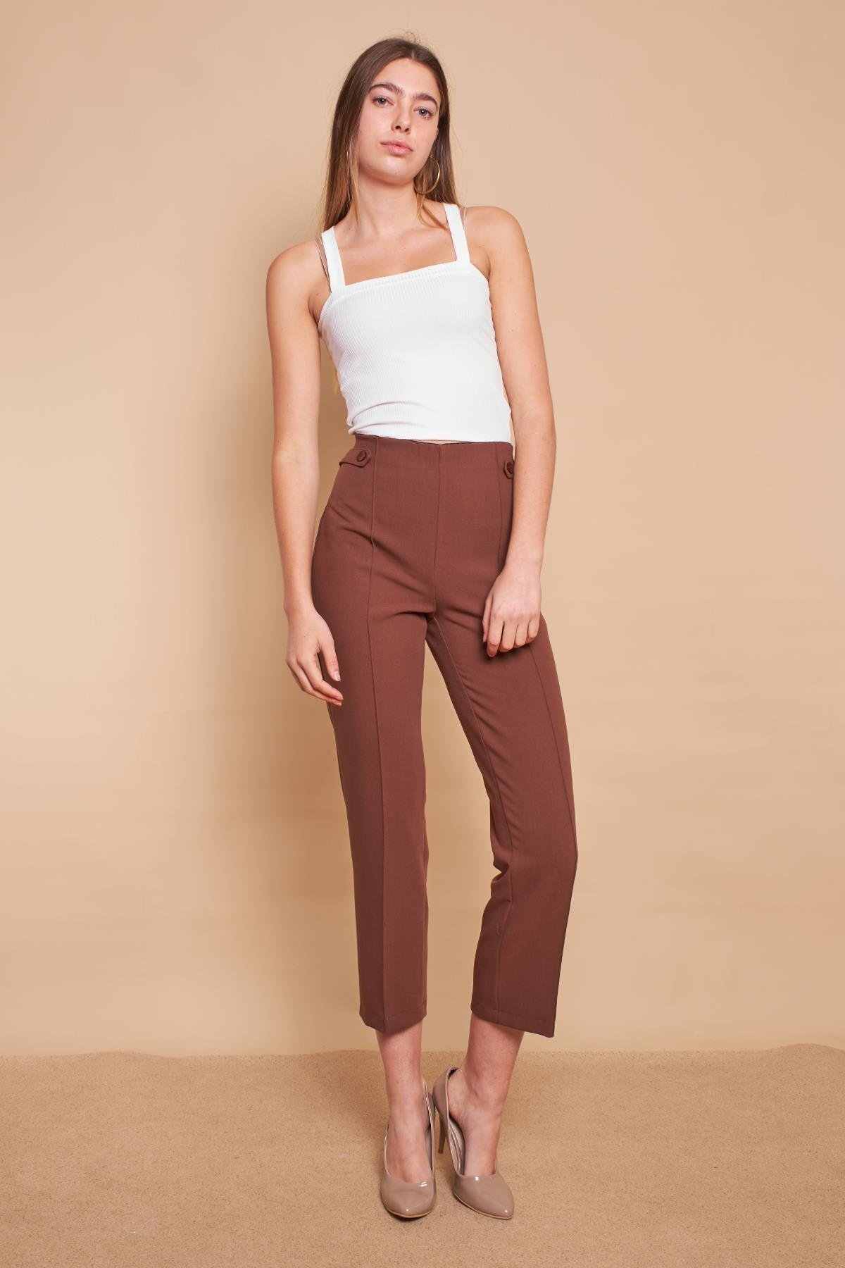 Women's High Waist Front Stitched Waist Epaulette Buttoned Pipe Leg Lycra Fabric Trousers -Tan