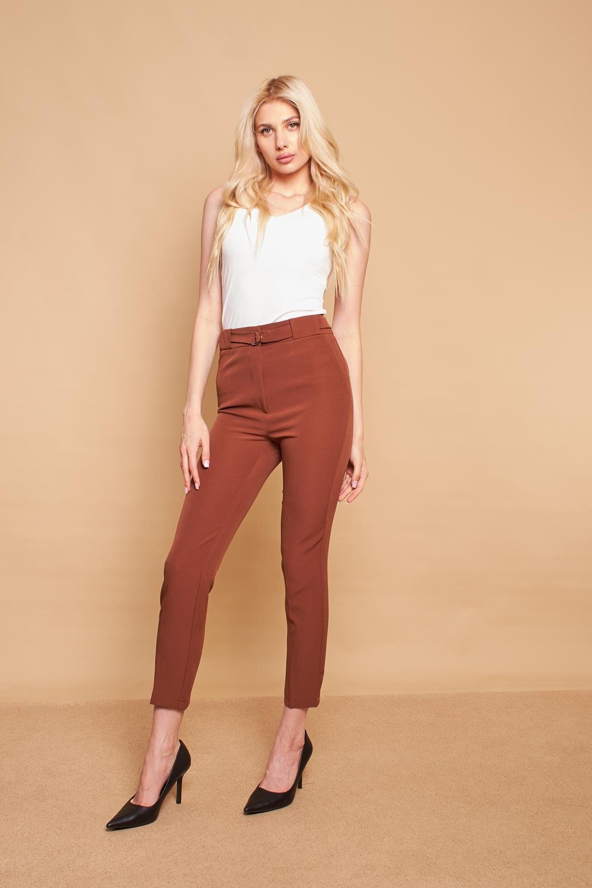Jument-Thick Belt D Buckle Ankle Length Normal Waist Lycra Fabric Trousers - Dark Tan 4