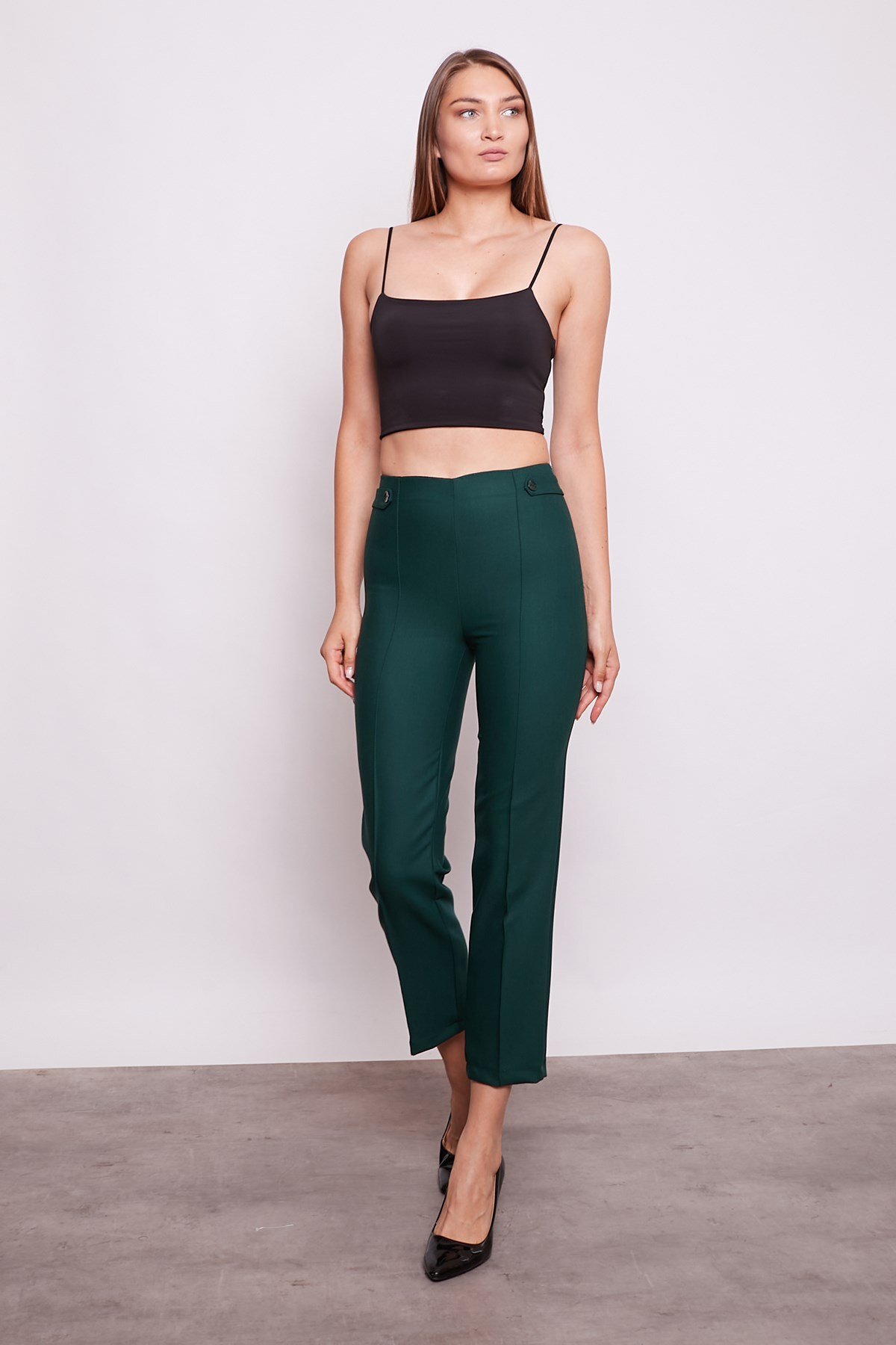 Women's High Waist Front Stitched Waist Epaulette Buttoned Pipe Leg Fabric Trousers -Emerald
