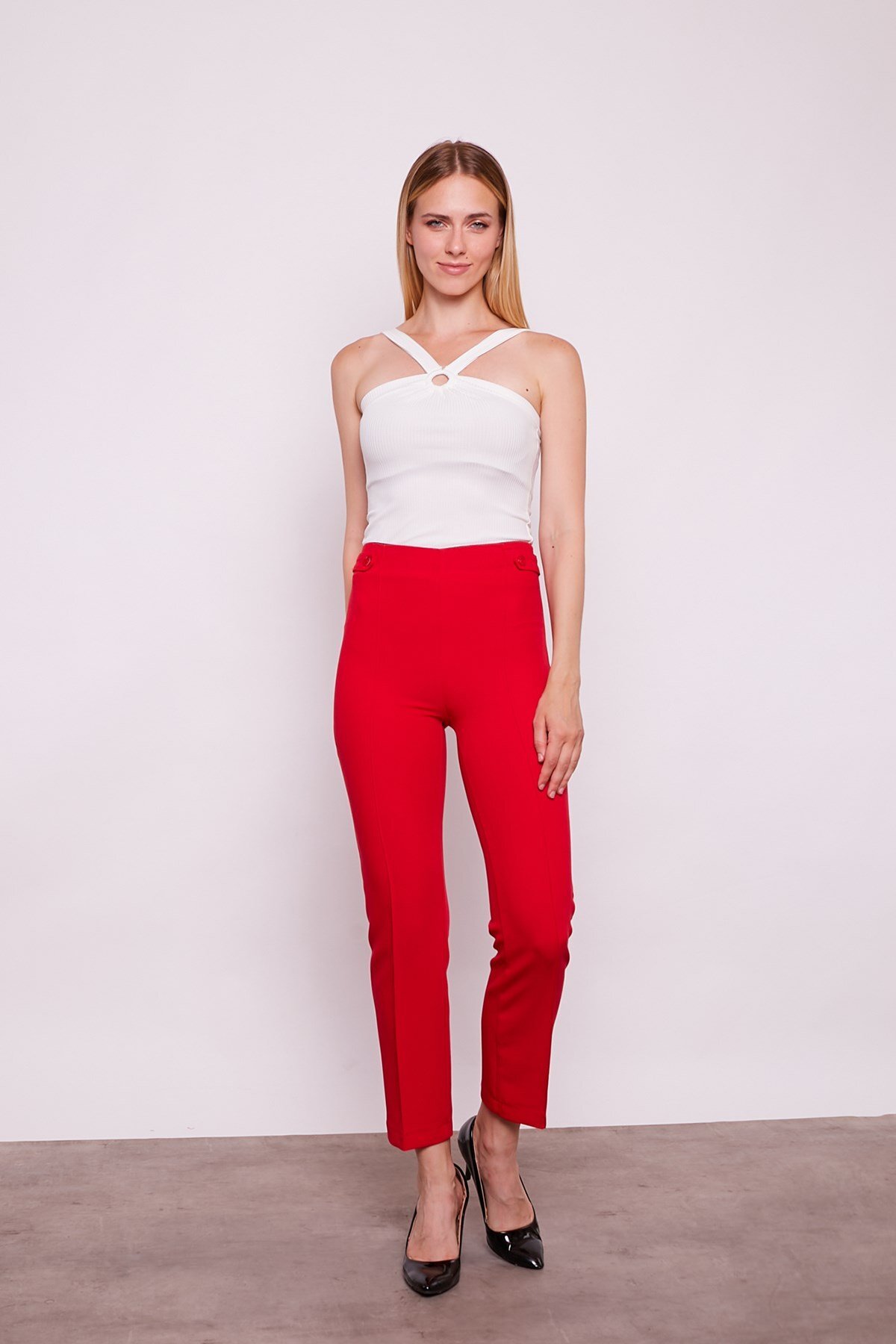 Women's High Waist Front Stitched Waist Epaulette Buttoned Pipe Leg Fabric Pants-Red