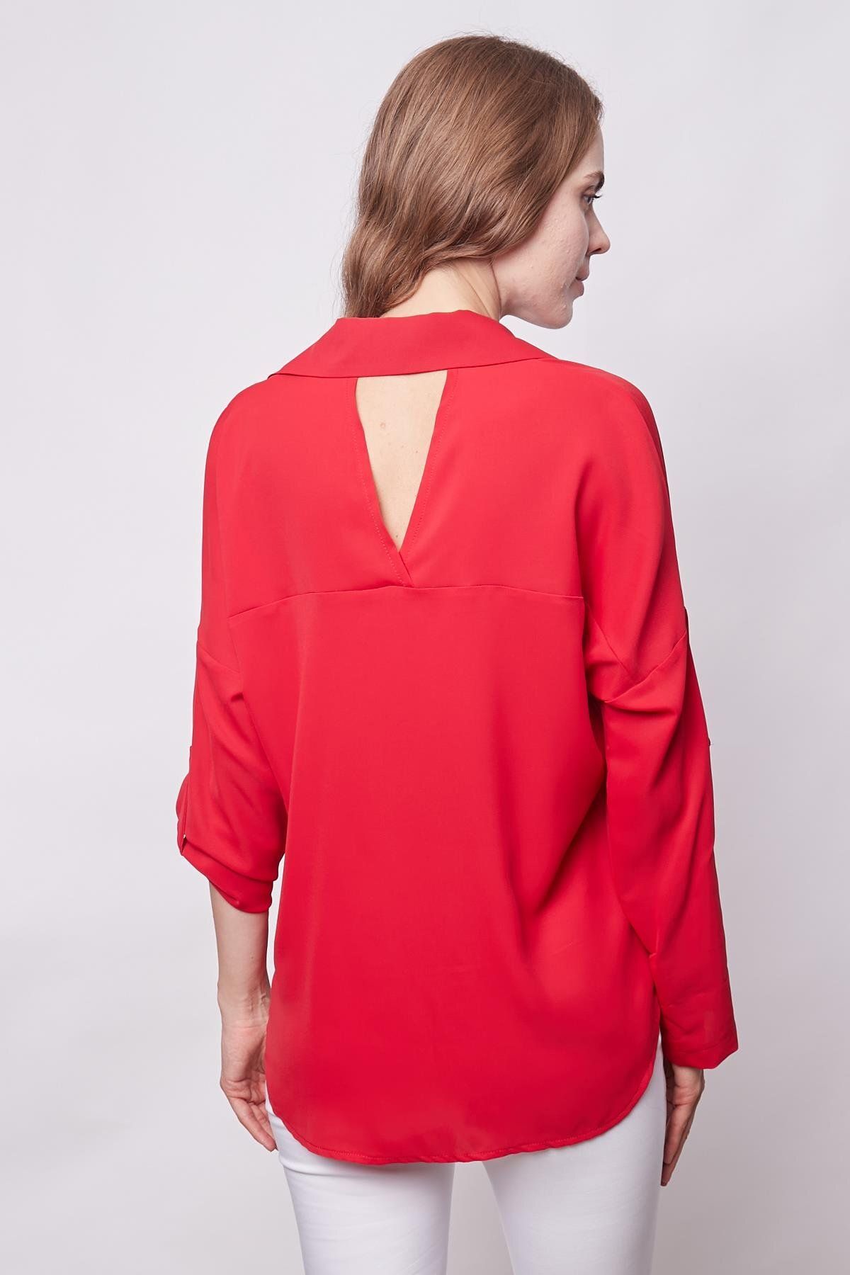 Jument-Stylish Red Long Sleeve Shirt with Epaulettes - Backless, Lycra Free 7