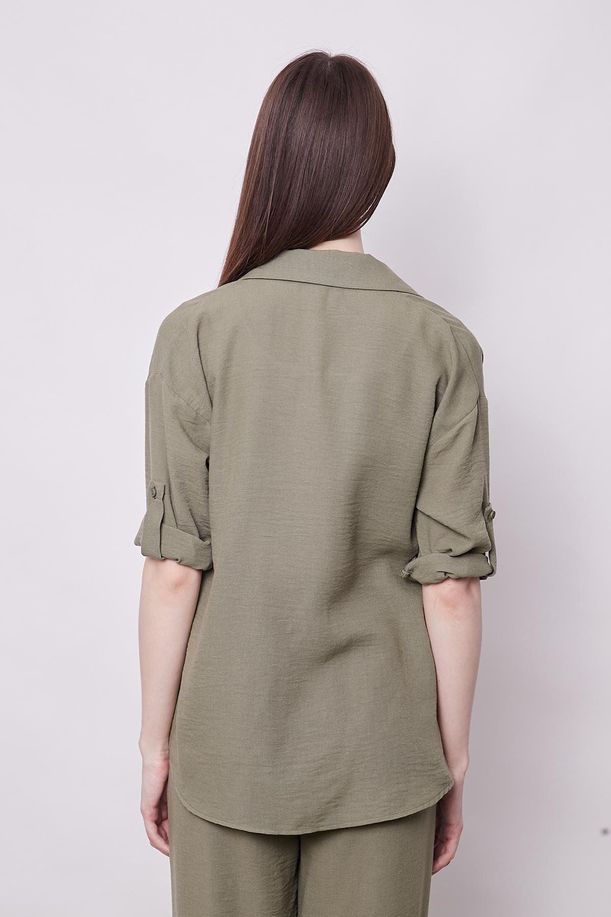 Jument-Khaki Linen Women's Shirt - Off Shoulder, Capri Collar and Epaulet - Ideal for Stylish Design 7