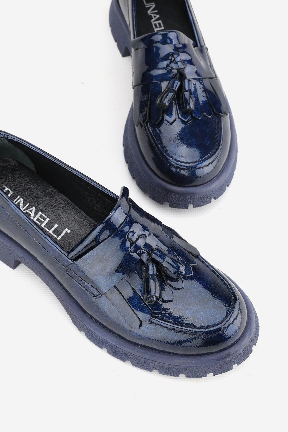 TUNAELLİ-Women's Navy Blue Patent Leather Genuine Natural Leather Number 36-41 Tassel Loafer Shoes 1