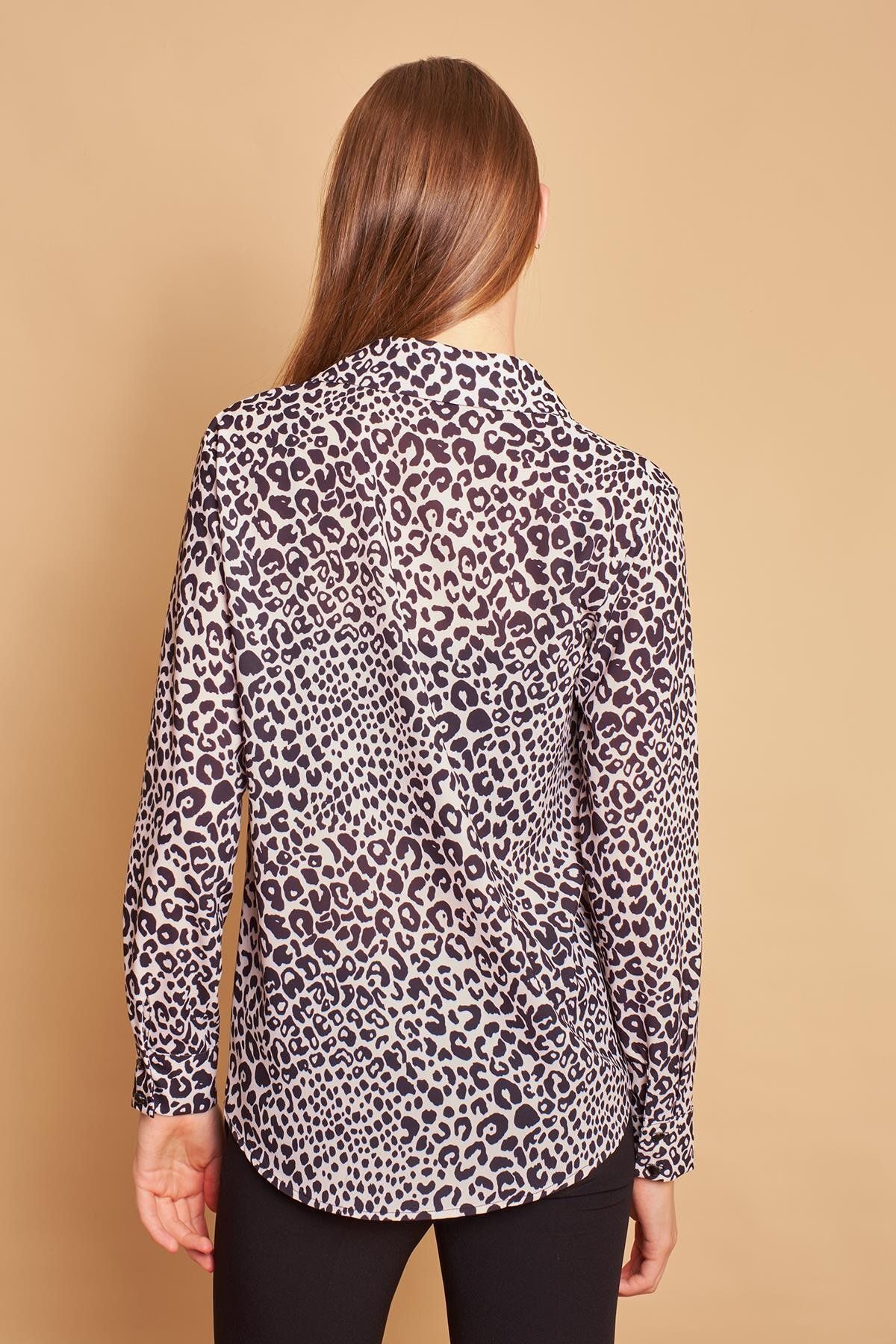 Jument-Guler cu modele în față Accesorii plisate Mâneci lungi, fără lycra, țesătură elegantă, cu croiala relaxată, bluză-leopard bej 6
