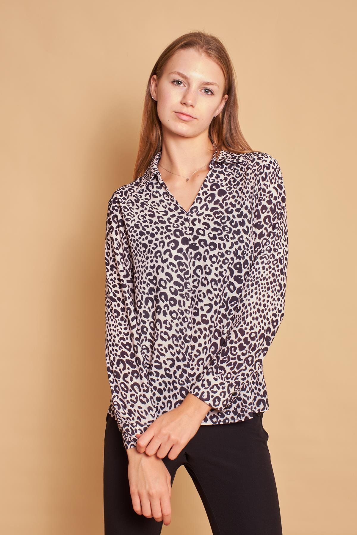 Jument-Guler cu modele în față Accesorii plisate Mâneci lungi, fără lycra, țesătură elegantă, cu croiala relaxată, bluză-leopard bej 3