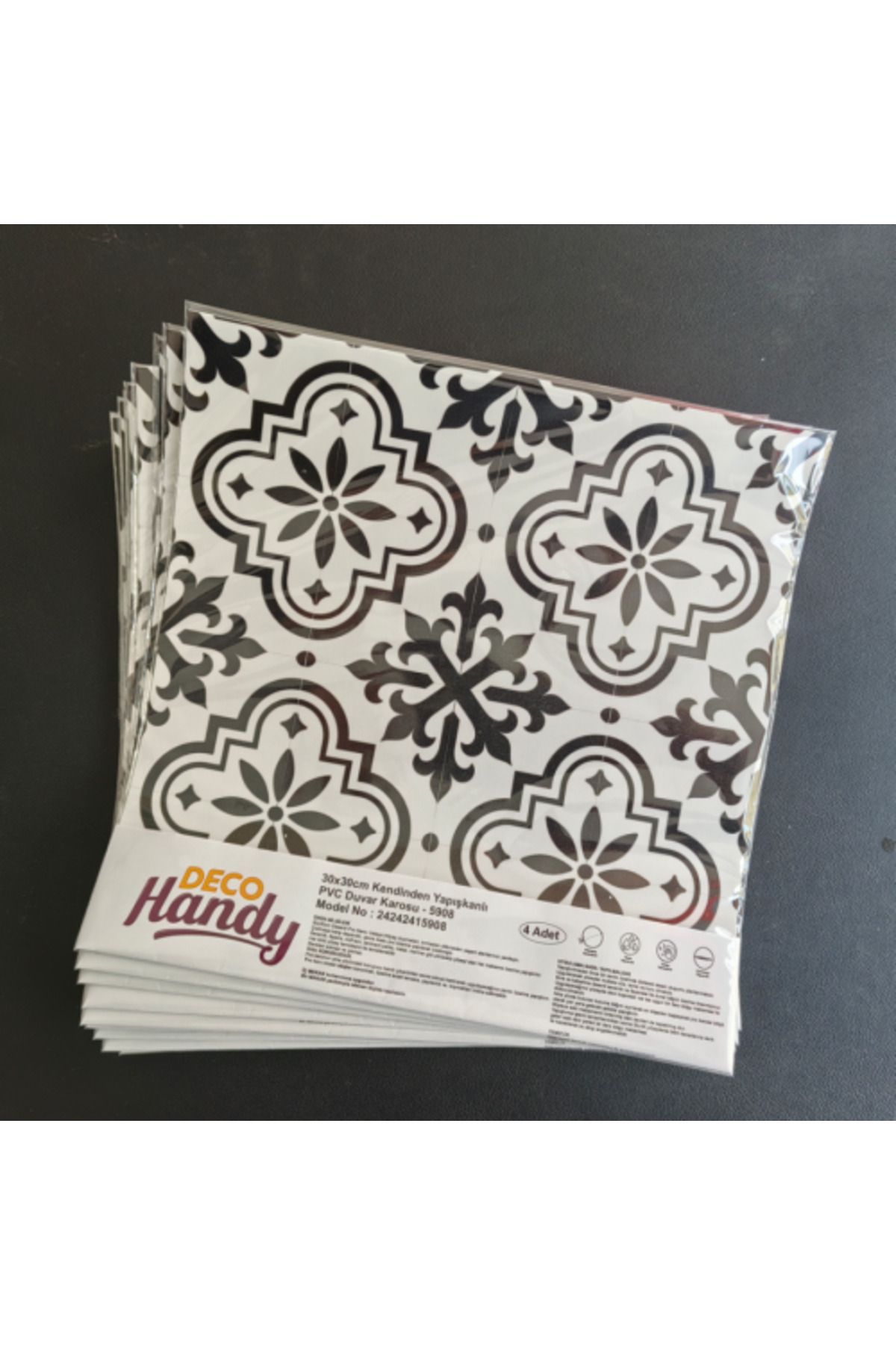 Tonfty DecoHandy Pvc Duvar Karosu 30x30cm 4'lü Paket - Siyah Beyaz Çini Desen 0,36m2