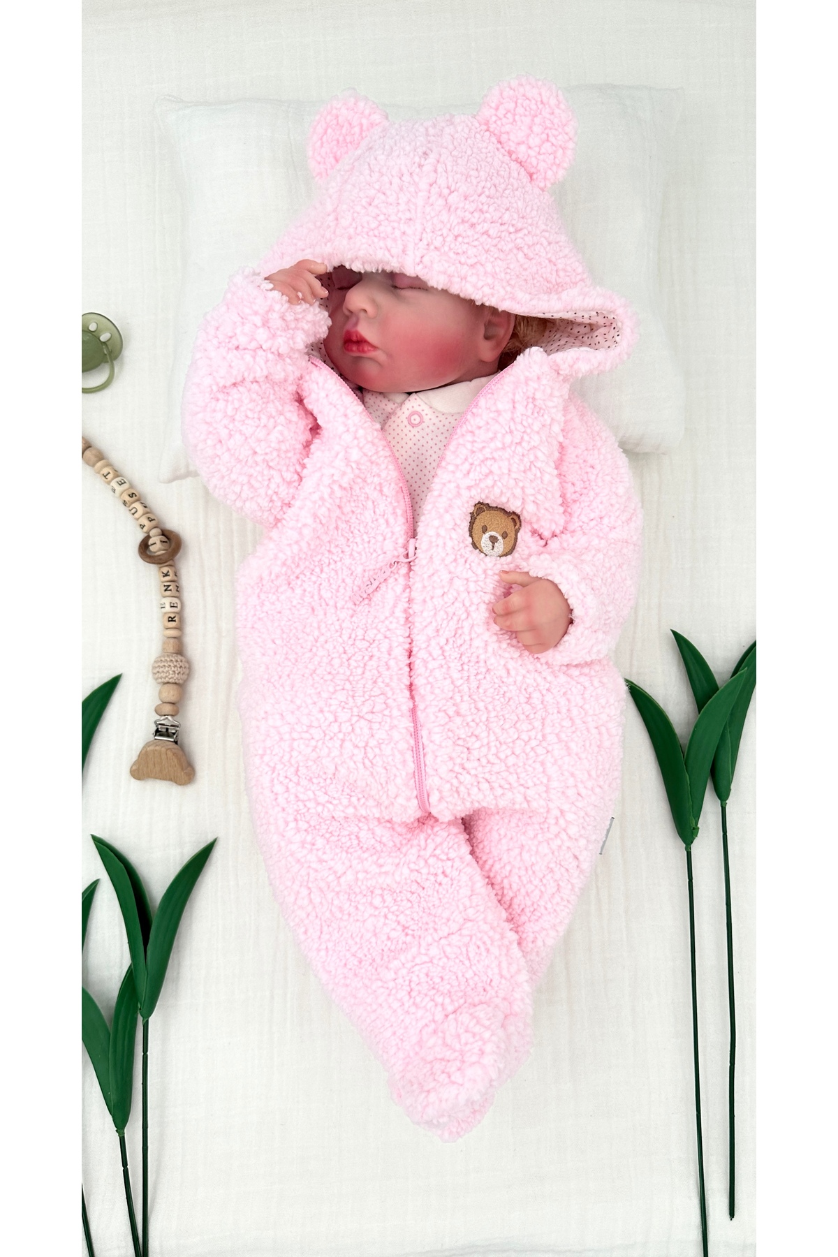 Renkli Puset Kapüşonlu Fermuarlı Peluş Polar Kız Bebek Tulumu Ayıcıklı Uyku Tulumu fotoğrafı 2 (önizleme)