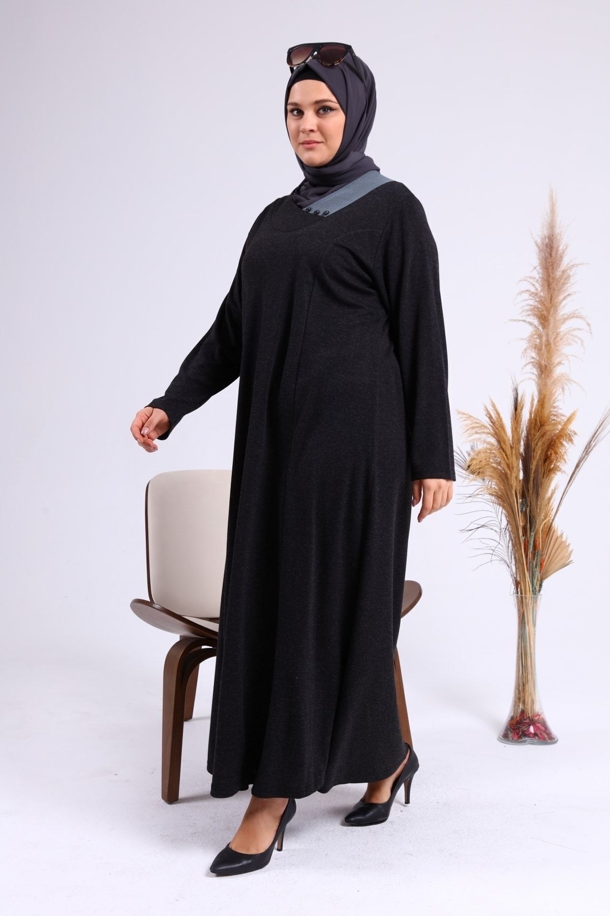 Ferace-Îmbrăcăminte lungă Hijab Rochie Marime Mari Femei Guler Luna Negru 5