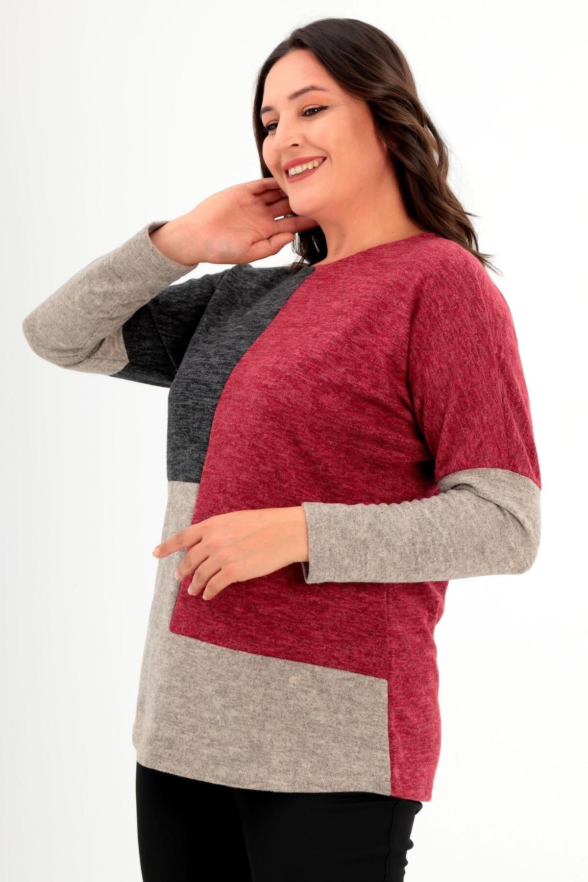 Trend42plus-Plus Size Low Sleeve Asymmetrical Cut Claret Red Knitwear Blouse 3