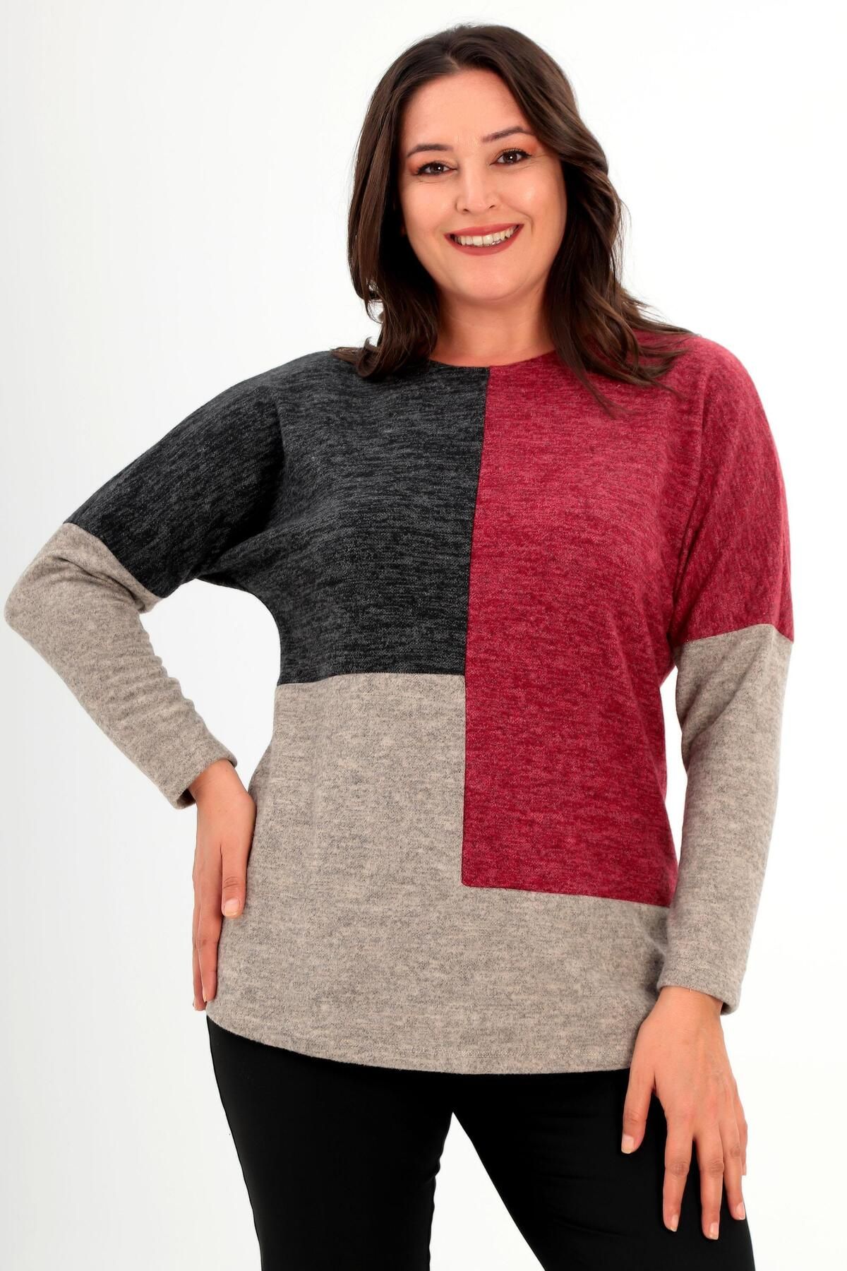 Trend42plus-Plus Size Low Sleeve Asymmetrical Cut Claret Red Knitwear Blouse 2