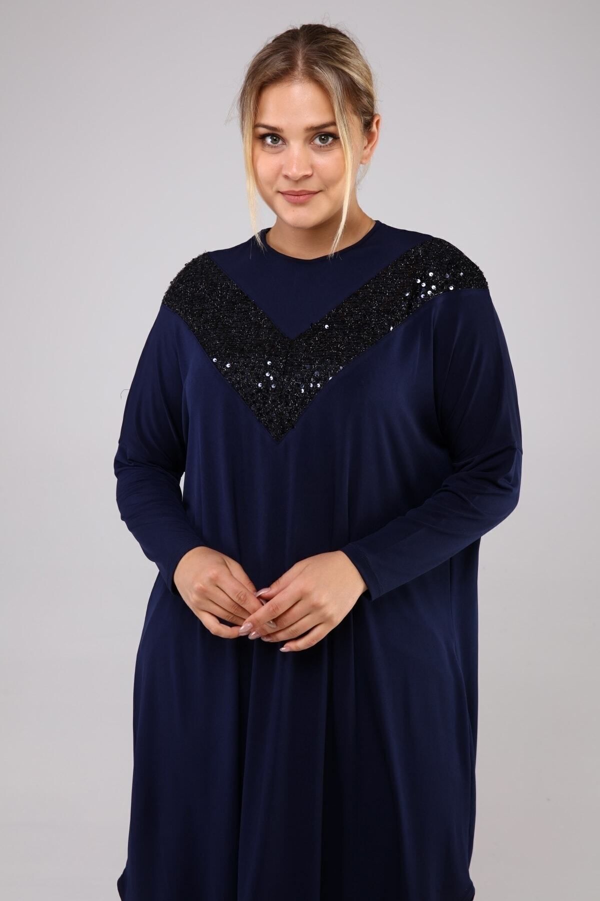 Ferace-Long Sleeve Large Size Women's Sequin Hijab Tunik Navy Blue 4