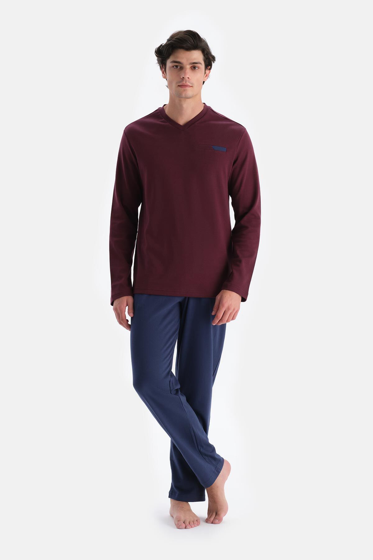 ست پیژامه مردانه مجموعه لباس خواب BORDEA V NECK FLETO POCKET T SHIRT PANTS Dagi