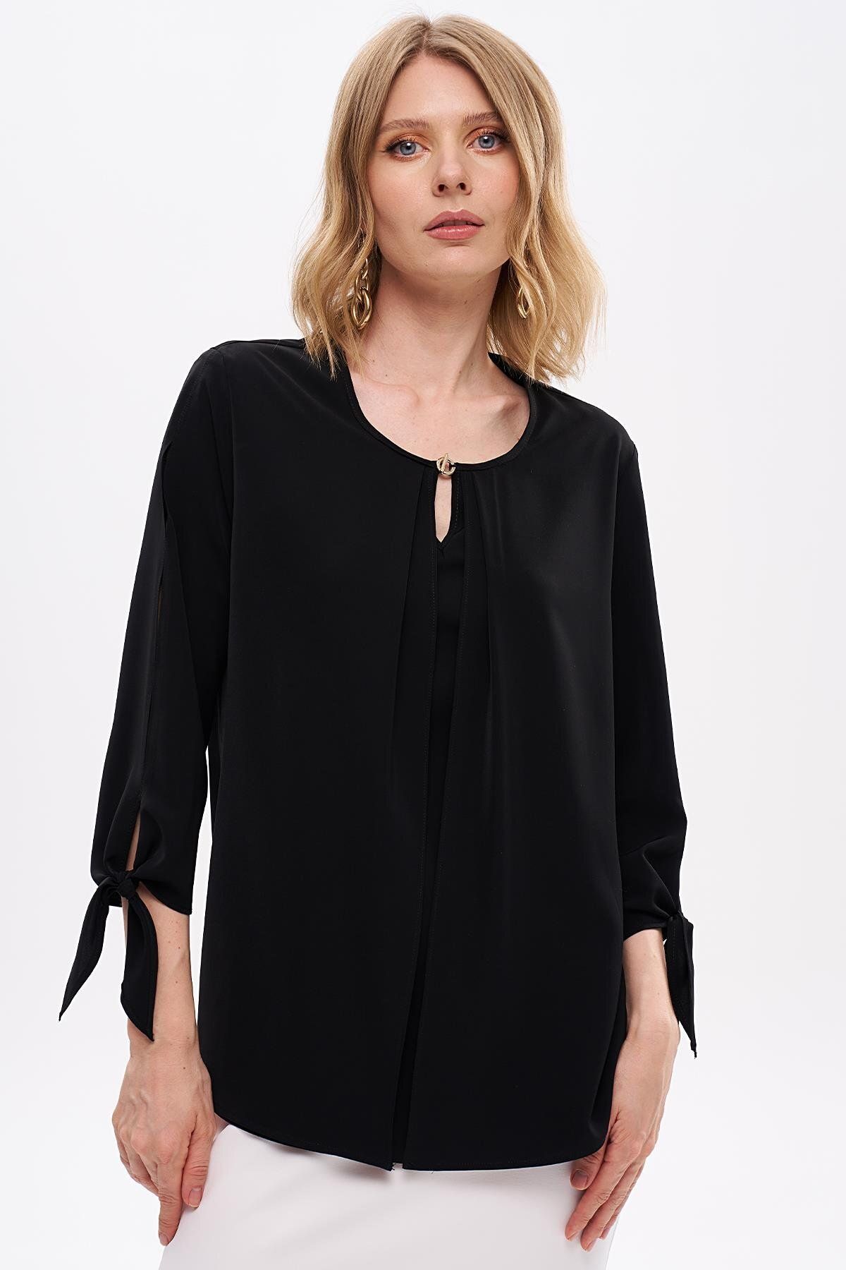 Journey-Blouse-O Neck, Front Pleat Detail, Sleeve Tie 1