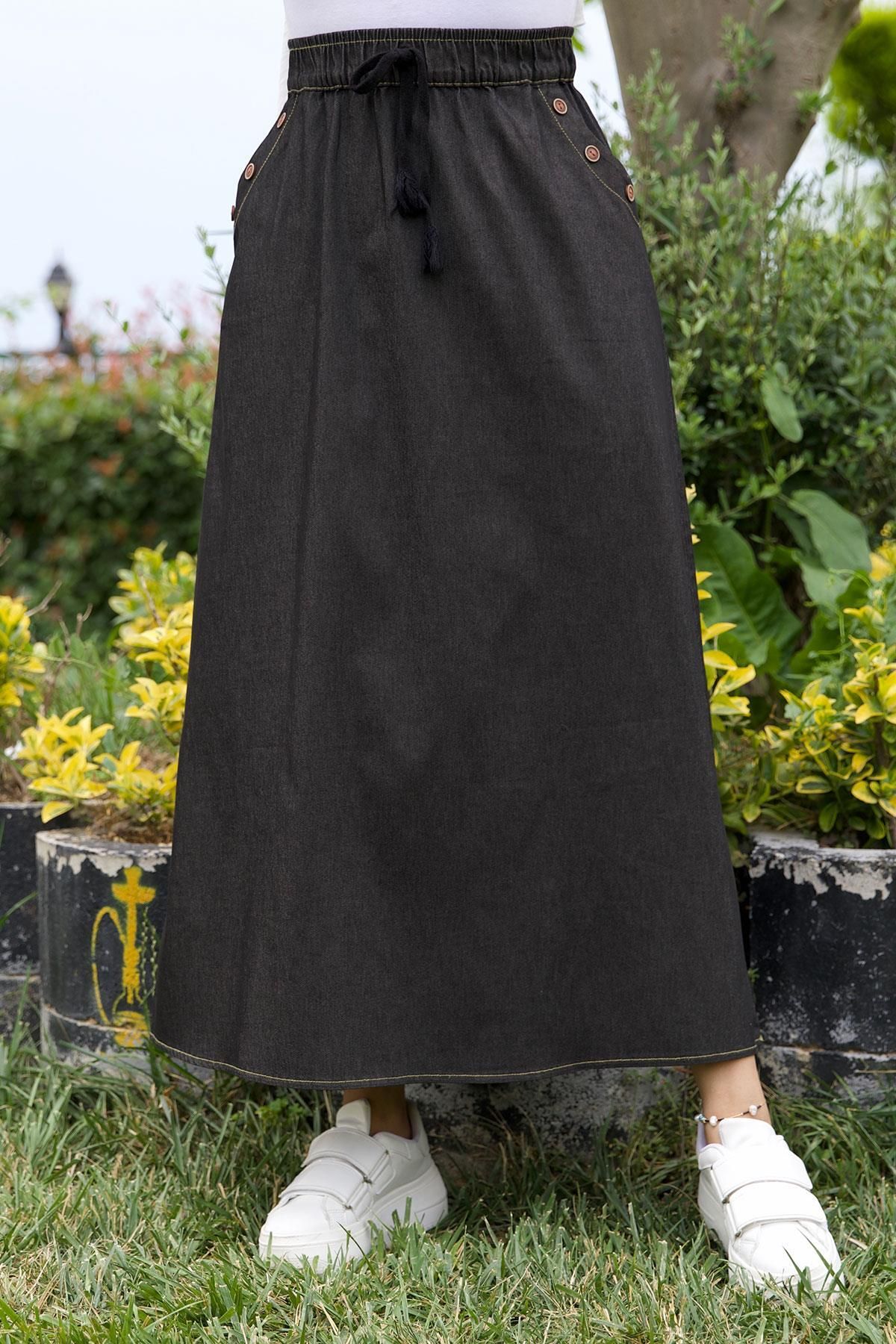 hafsamina-Buttoned Denim Skirt with Elastic Waist Pockets Anthracite 2