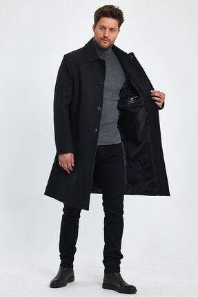 TREND KOMBİN Erkek Antrasit Uzun Regular Fit Kaşe Kaban